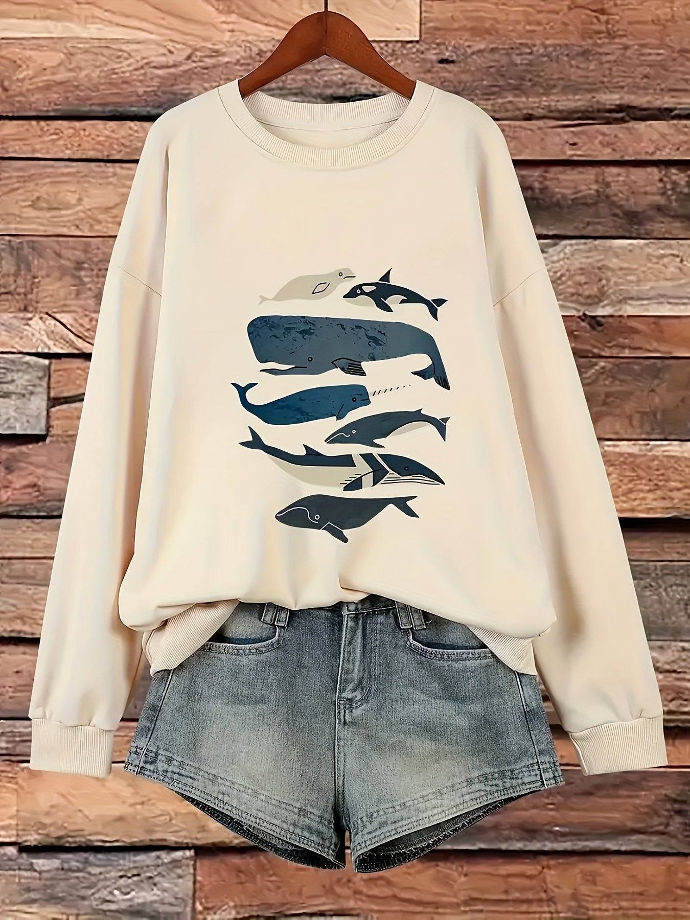 Women's Casual Whale Print Crew Neck Sweatshirt - Black with Blue & White Whale Design, Long Sleeve, Machine Washable, All-Season Comfort