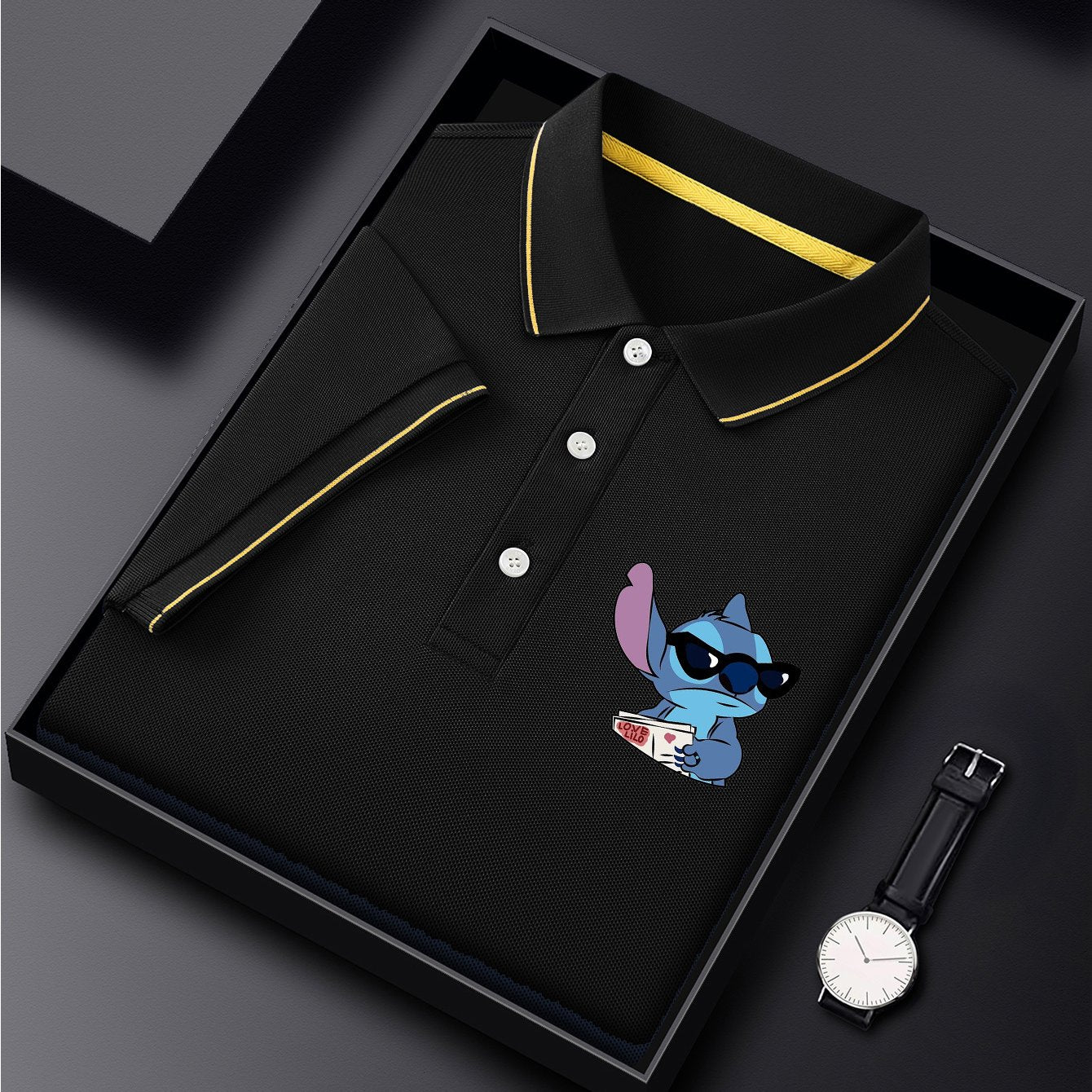 Disney Stitch Cool Glasses Print Short Sleeve Polo Shirt, Premium Business Casual, Short Sleeve Color Blocked Collar Design, Lightweight Polyester, Quick Drying and Breathable Golf Shirt, Polo Shirt, Displayed in Gift Box, Fa