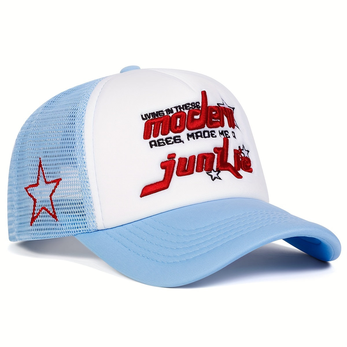 Modern Junkie 1 Men's Five-Panel Baseball Cap - Adjustable, Breathable, Lightweight Polyester - Casual Beige, Brown, White, Blue Star Design Trucker Hat for Summer, Spring, Fall Outdoor Activities & Beach Vacations