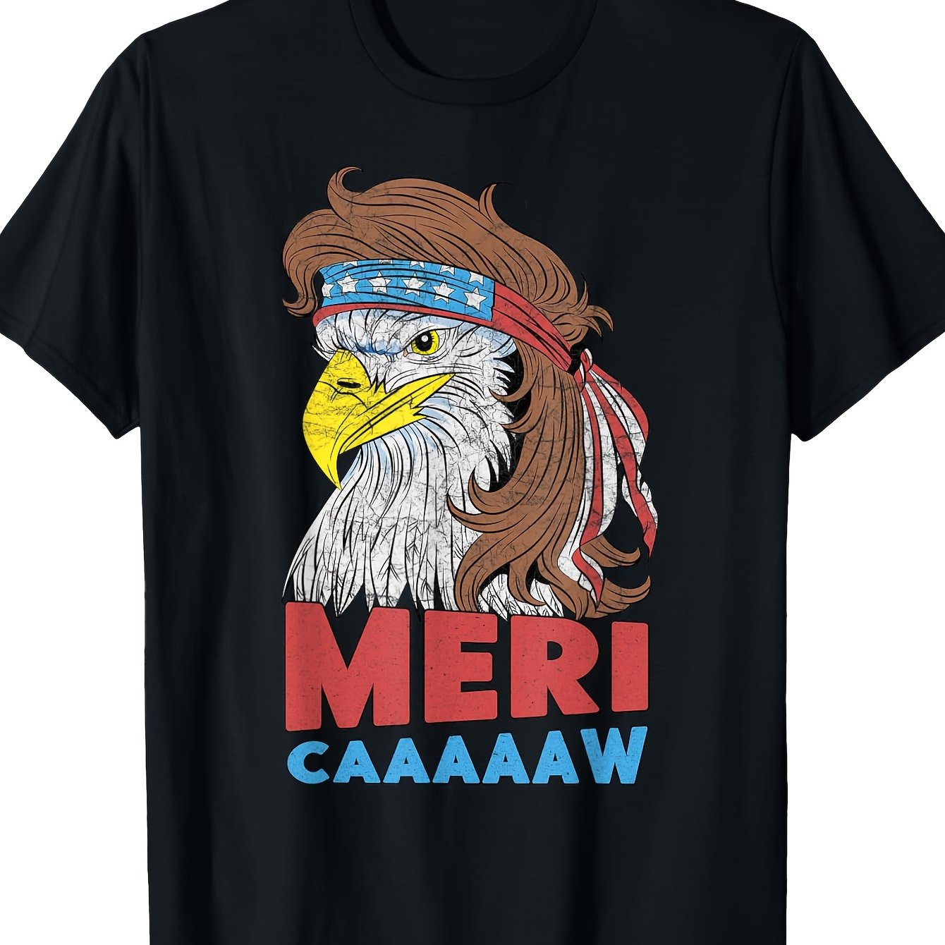 Patriotic Eagle Mullet 4th of July T-Shirt - Men's American Flag Graphic Tee, Cotton Blend, Casual Round Neck, Short Sleeve, Black with 