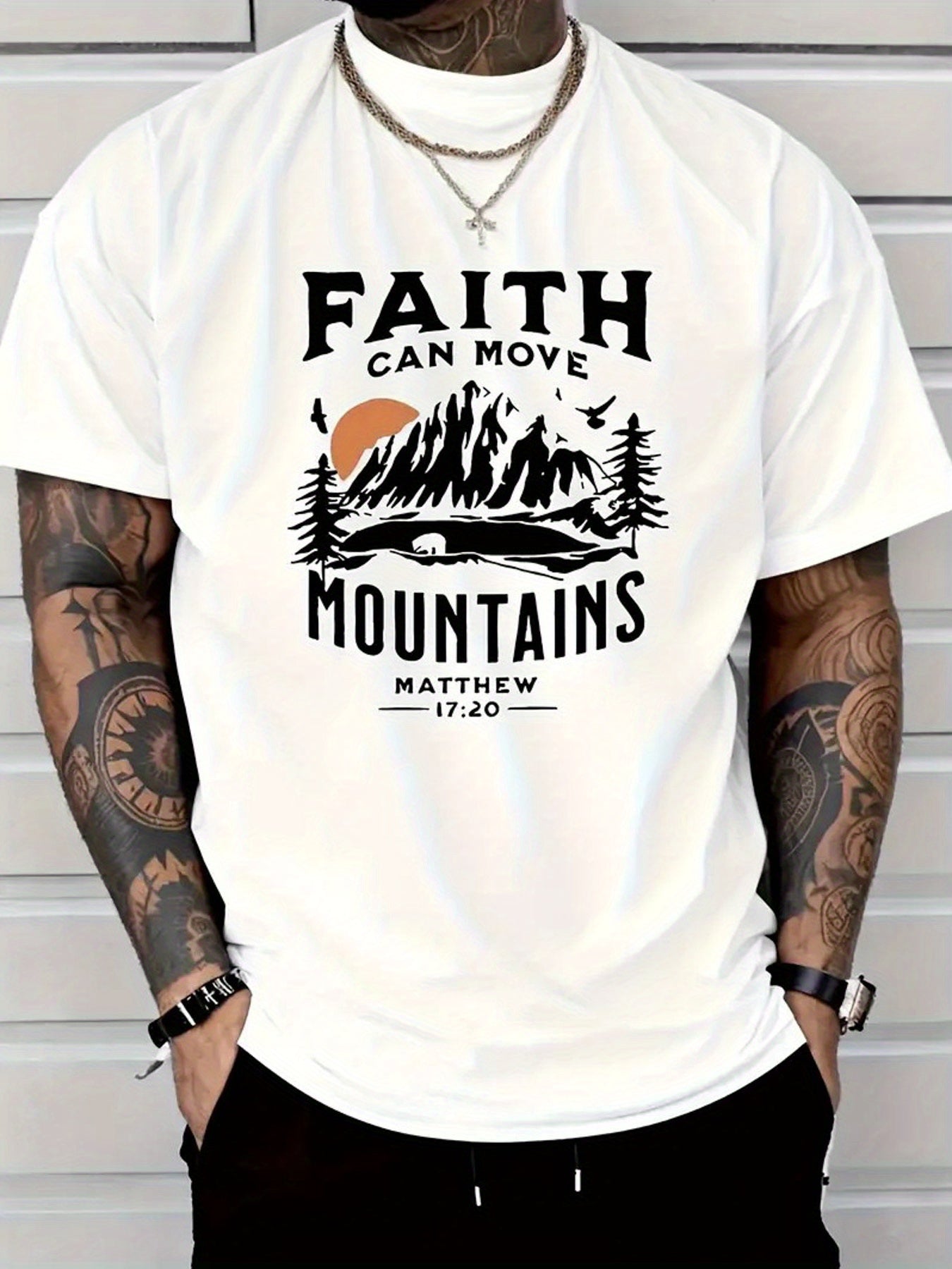 Faith Can Move Mountains Men's 100% Cotton T-Shirt - Inspirational Biblical Print, Round Neck Short Sleeve Casual Tee, Black with White Lettering, Seasonal Trendy High Street Fashion, Casual Wear | Faith Inspired Design | Com