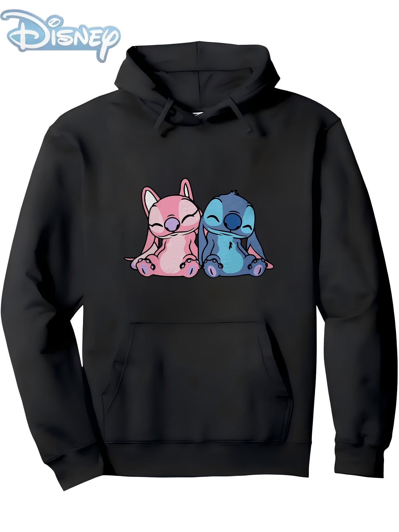 Disney Stitch & Lilo Graphic Print Hoodie - Black Relaxed Fit 50% Cotton 50% Polyester Blend, Family Matching Pullover for Beach Vacation, Birthday & Holiday Gift, Machine Washable Casual Wear, Fan Merchandise, Durable Fabric