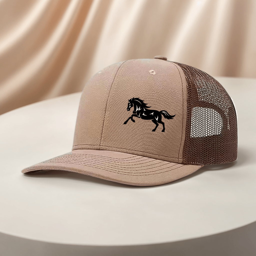 [Adventure] Men's Black Mesh Baseball Cap with Running Horse Design - Breathable Trucker Hat for Outdoor Sports & Casual Wear