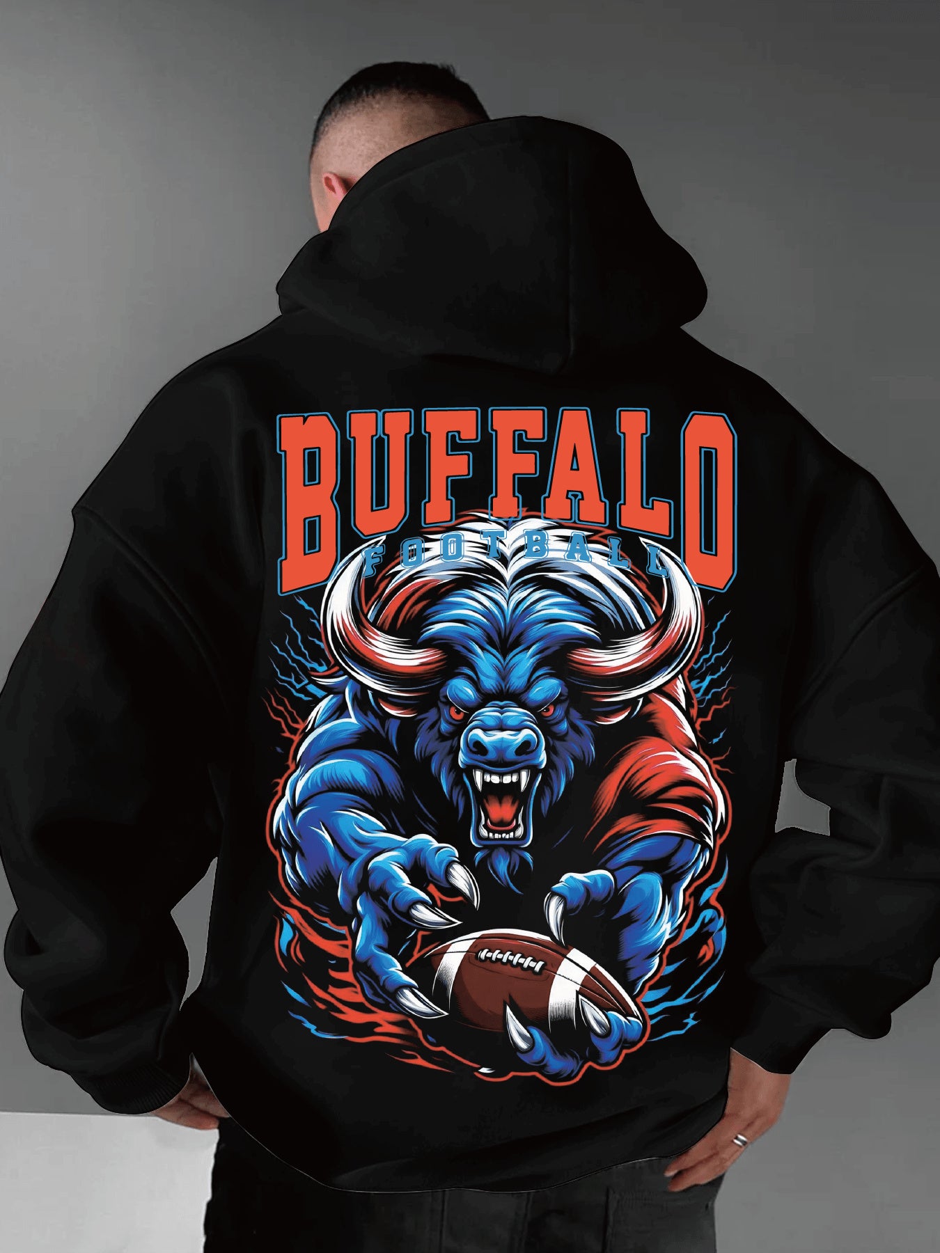 A Buffalo Football Pattern Hoodie-Casual Crew Neck Pullover, Geometric Pattern, Regular Version, Knitted Sports Sweater 340g