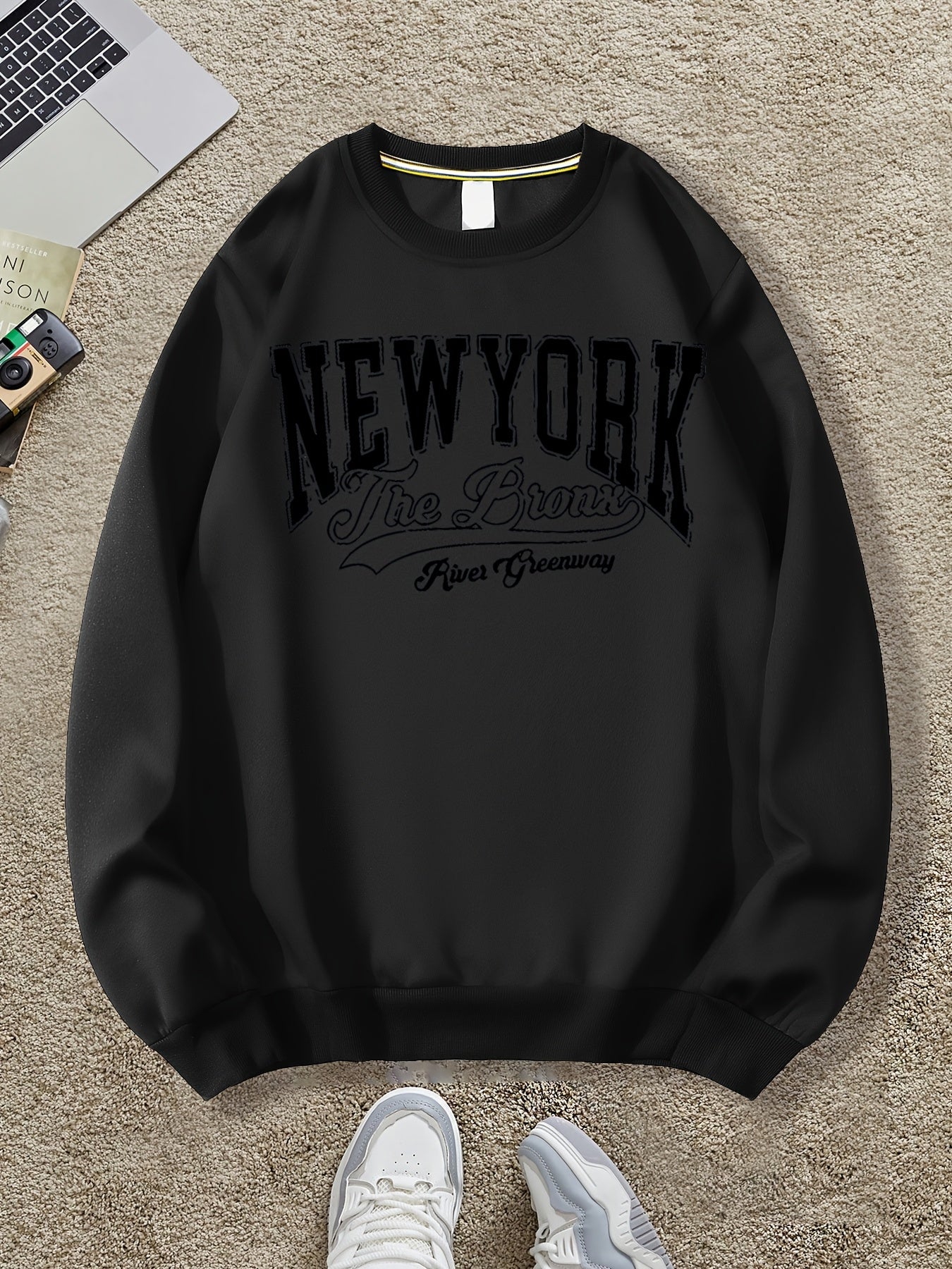 Men's Casual New York Graphic Sweatshirt - Soft Polyester, Loose Fit, Round Neck, Long Sleeve, Machine Washable, Perfect for Spring & Fall, Unique Print Design, Casual Wear | Urban Style Sweatshirt | Soft Polyester Fabric