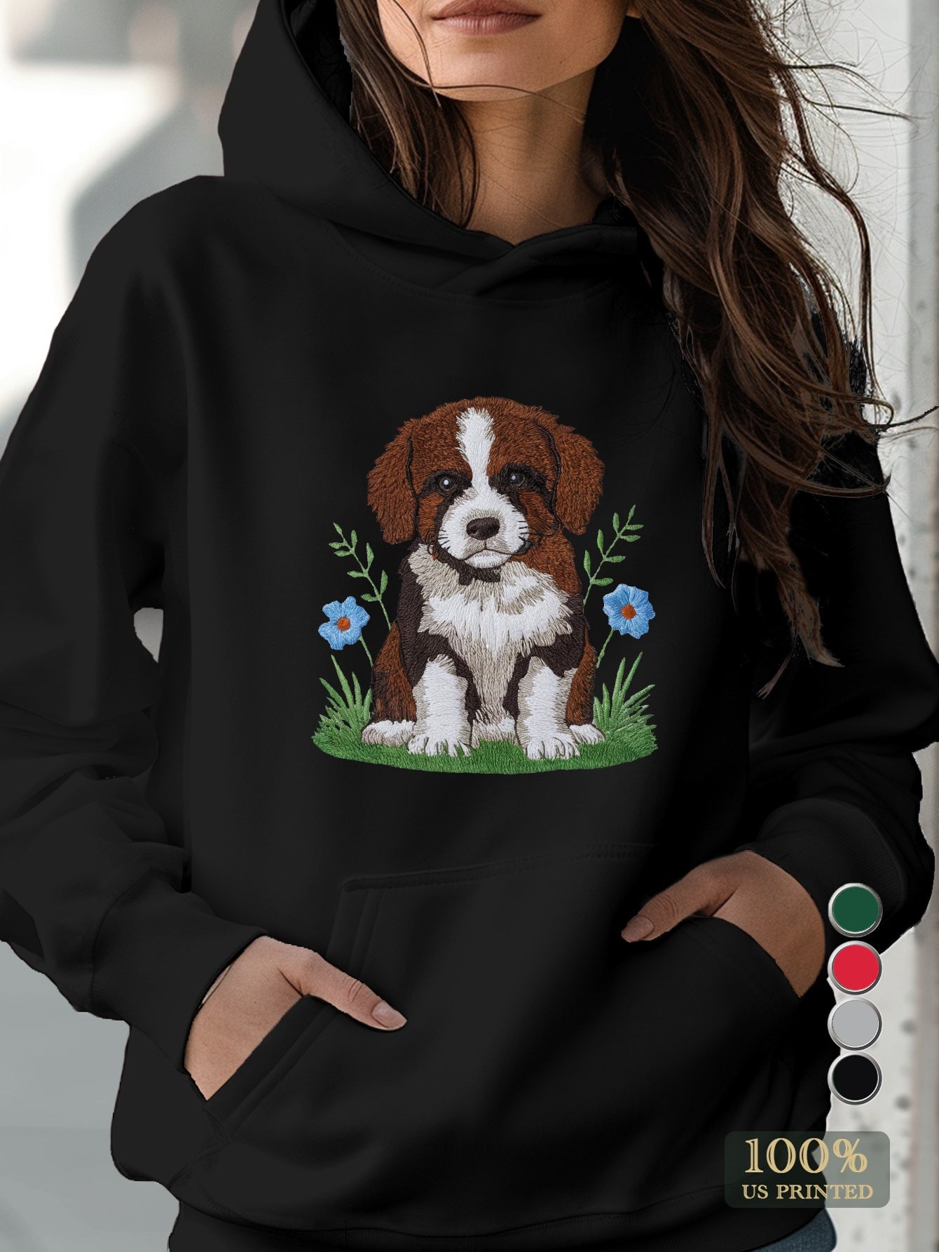 Women's Cozy Embroidered Puppy Hoodie - Casual Long Sleeve Pullover with Kangaroo Pocket, Cotton Blend, Perfect for Fall & Winter