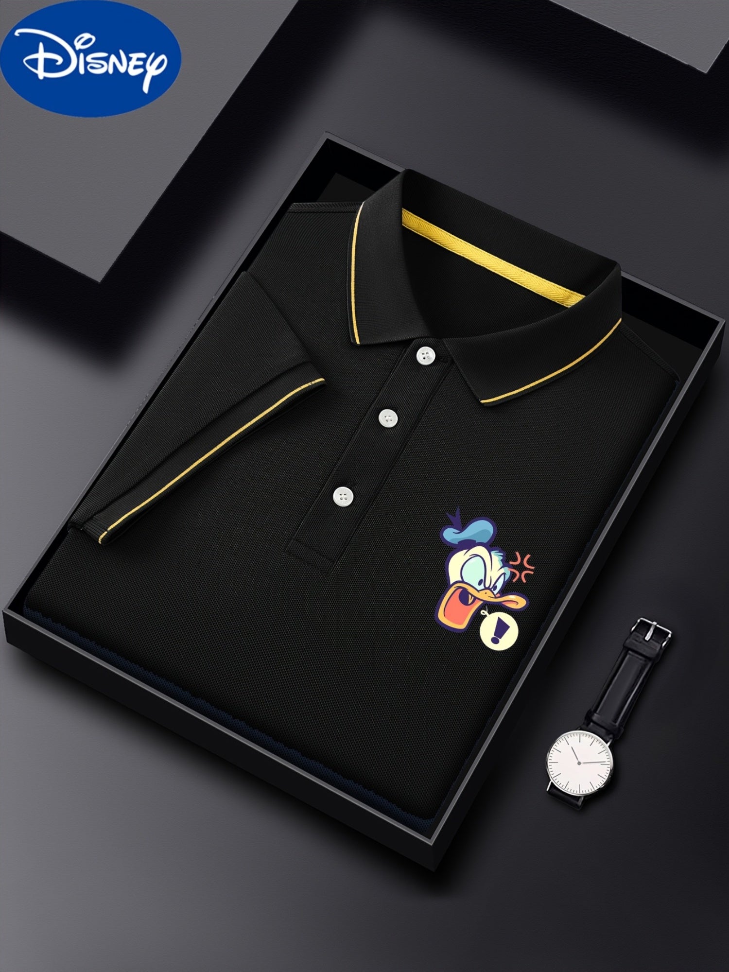 Disney Donald Duck Printed Men'S Summer Classic POLO Shirt, Advanced Business Casual, Contrasting Collar Design, Light, Breathable And Quick-Drying Polyester [Official License]