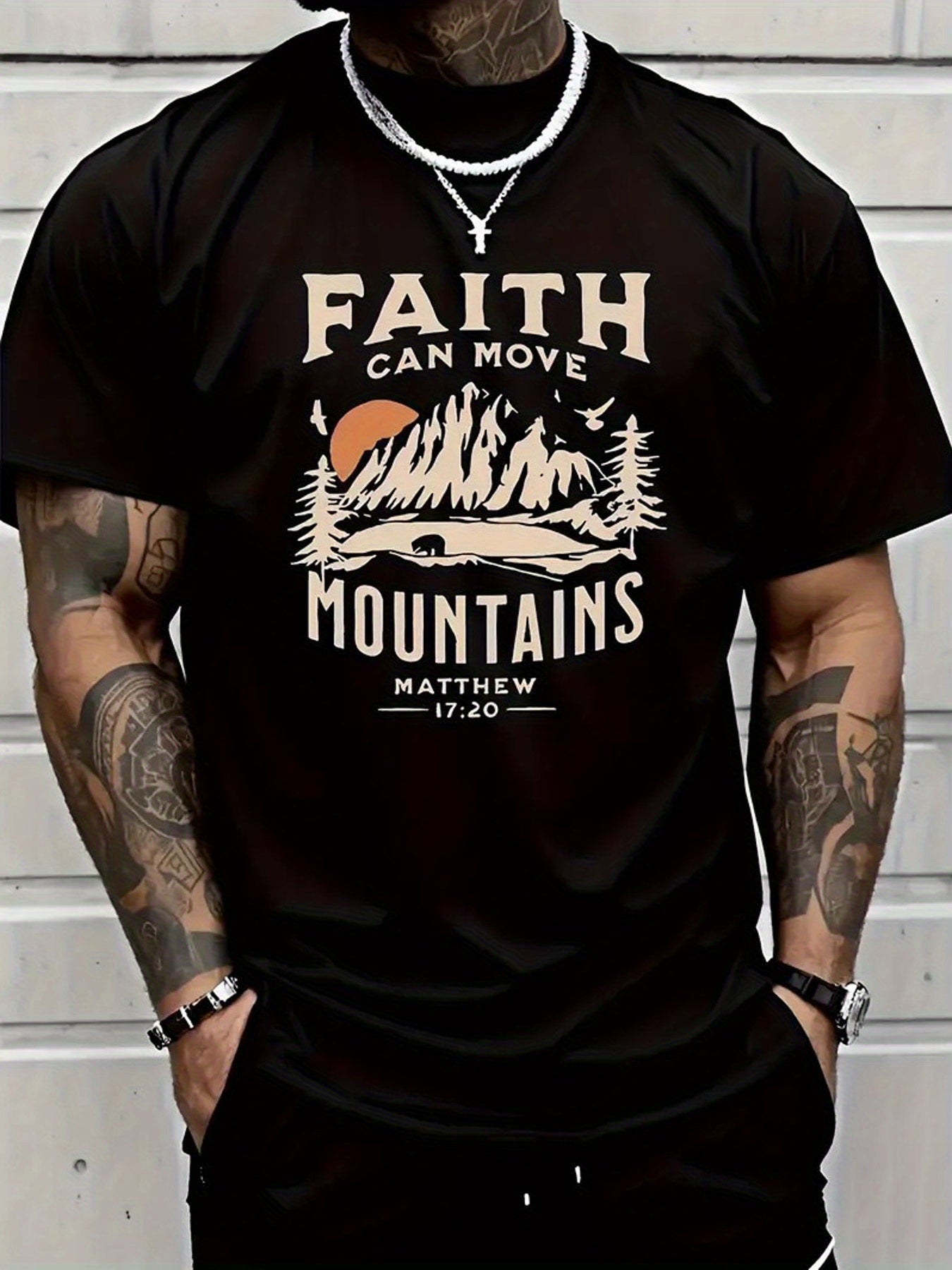 Faith Can Move Mountains Men's 100% Cotton T-Shirt - Inspirational Biblical Print, Round Neck Short Sleeve Casual Tee, Black with White Lettering, Seasonal Trendy High Street Fashion, Casual Wear | Faith Inspired Design | Com