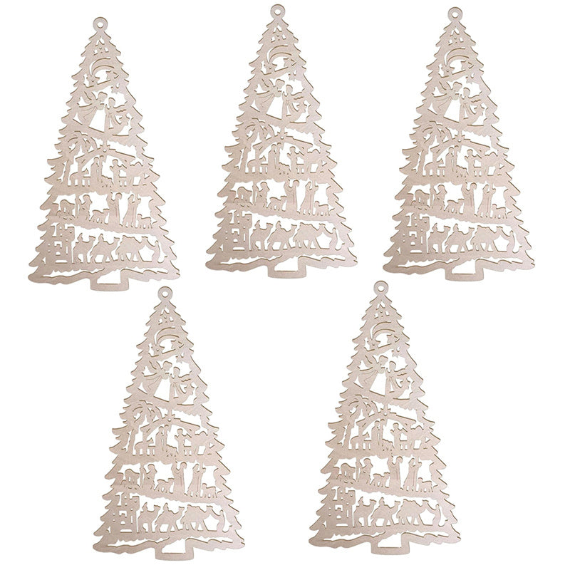 Christmas Olive Wood 5Pcs Nativity Scene Ornament - Carved into Tree Shape, Holy Land Wooden Hanging Decoration for Room, Home, Thanksgiving Party, Nativity Gifts