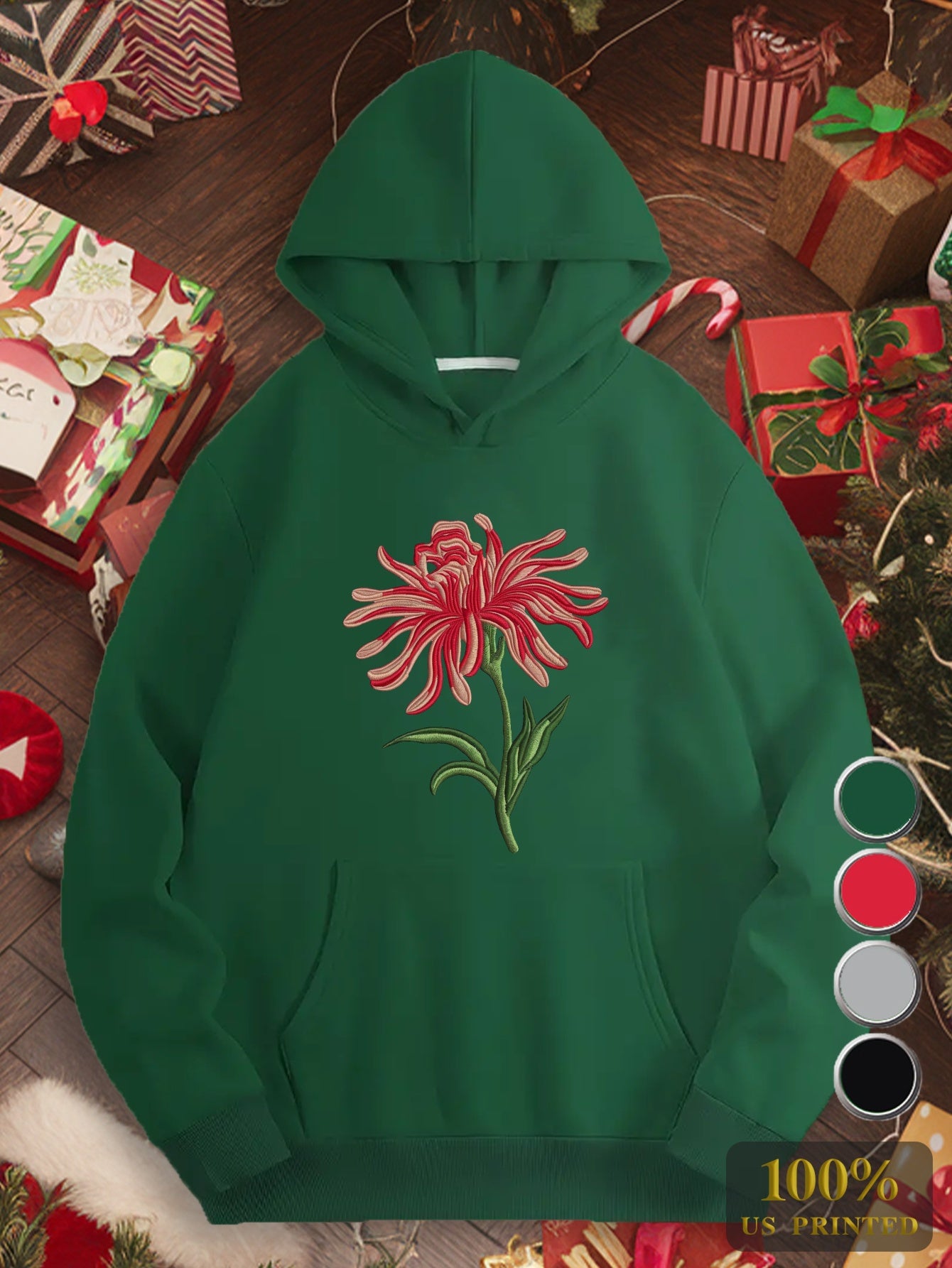 Red flower embroidery design Women's plus size hoodies