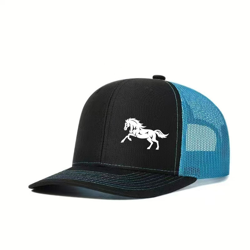 [Adventure] Men's Black Mesh Baseball Cap with Running Horse Design - Breathable Trucker Hat for Outdoor Sports & Casual Wear