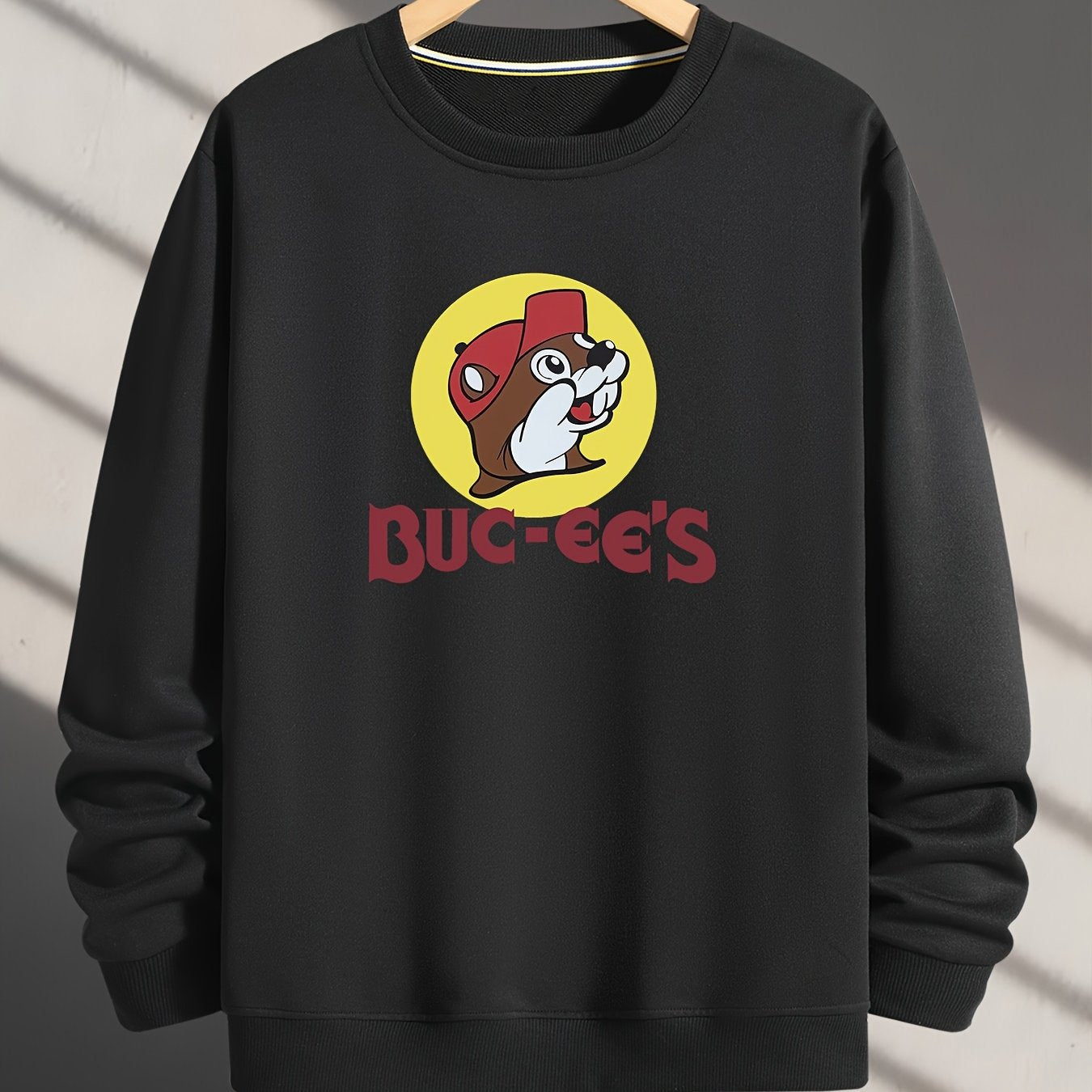 Polyester Crew Neck Sweatshirt, Long Sleeve Loose Fit with Squirrel Letter Print, Casual Outdoor Wear for Men and Women