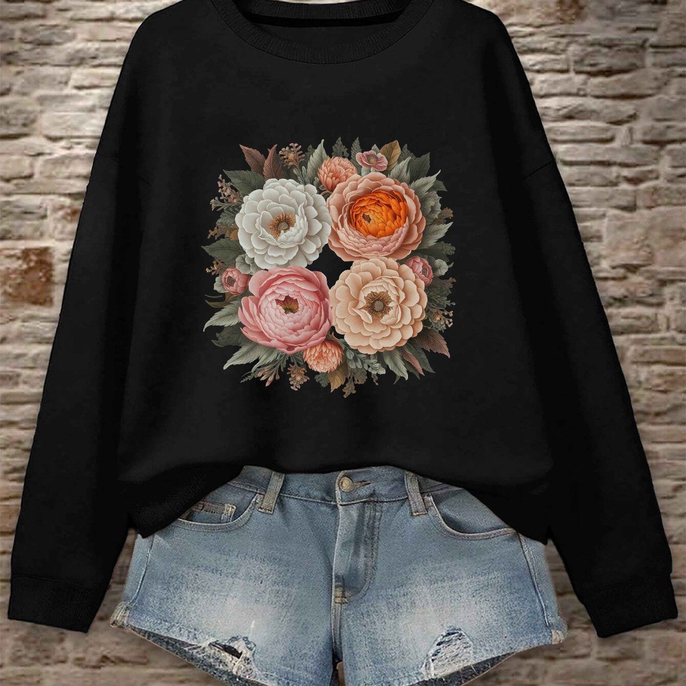 TeeDiy Women's Floral Embroidered Sweatshirt - Casual Long Sleeve, Round Neck, 100% Polyester, Machine Washable - Elegant Black with Pink & Orange Flowers, Perfect for Fall/Winter