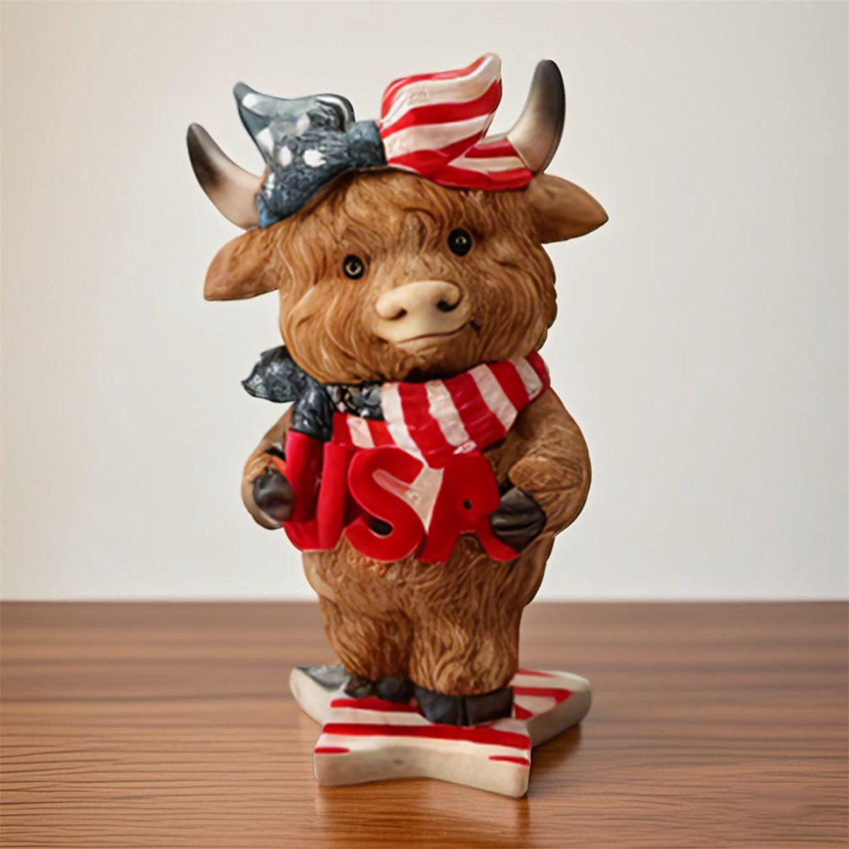 Mother'S Day Independence Day Birthday Gift New Casual, Elegant And Fashionable Patriotic Highland Cow Statue Cute Resin Animal Statue Independence Day Indoor And Outdoor Garden Decoration