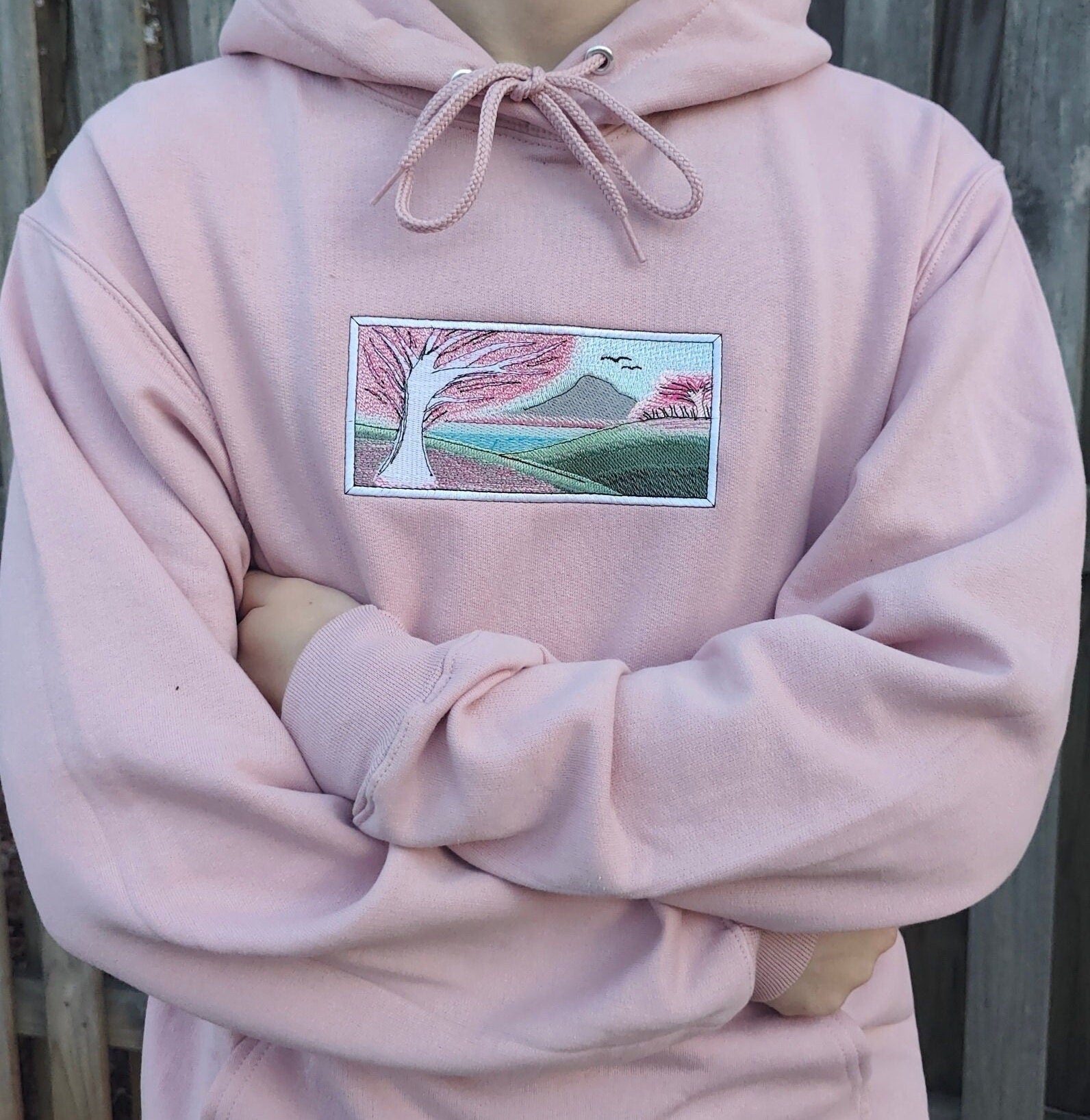 Cherry Blossum Tree Japanese Sakura Landscape Scene Embroidered Hoodie Sweatshirt Unisex Long Sleeve Outdoors Personalized Multiple Colors