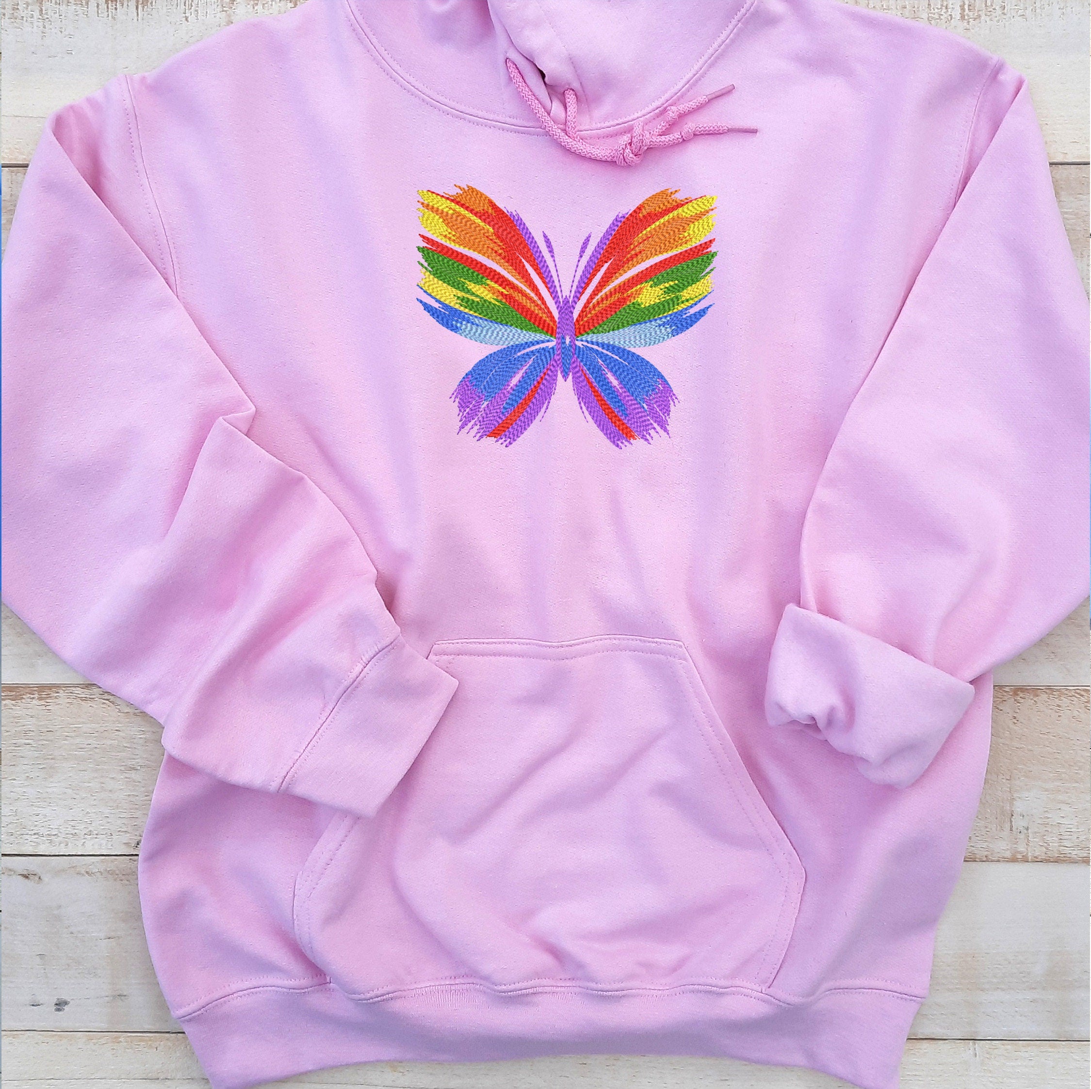 Rainbow Butterfly Embroidered Hoodie, Embroidered Butterfly Hoodie, Butterfly Hooded Sweatshirt Unisex, Butterfly Sweater Gift for Her!