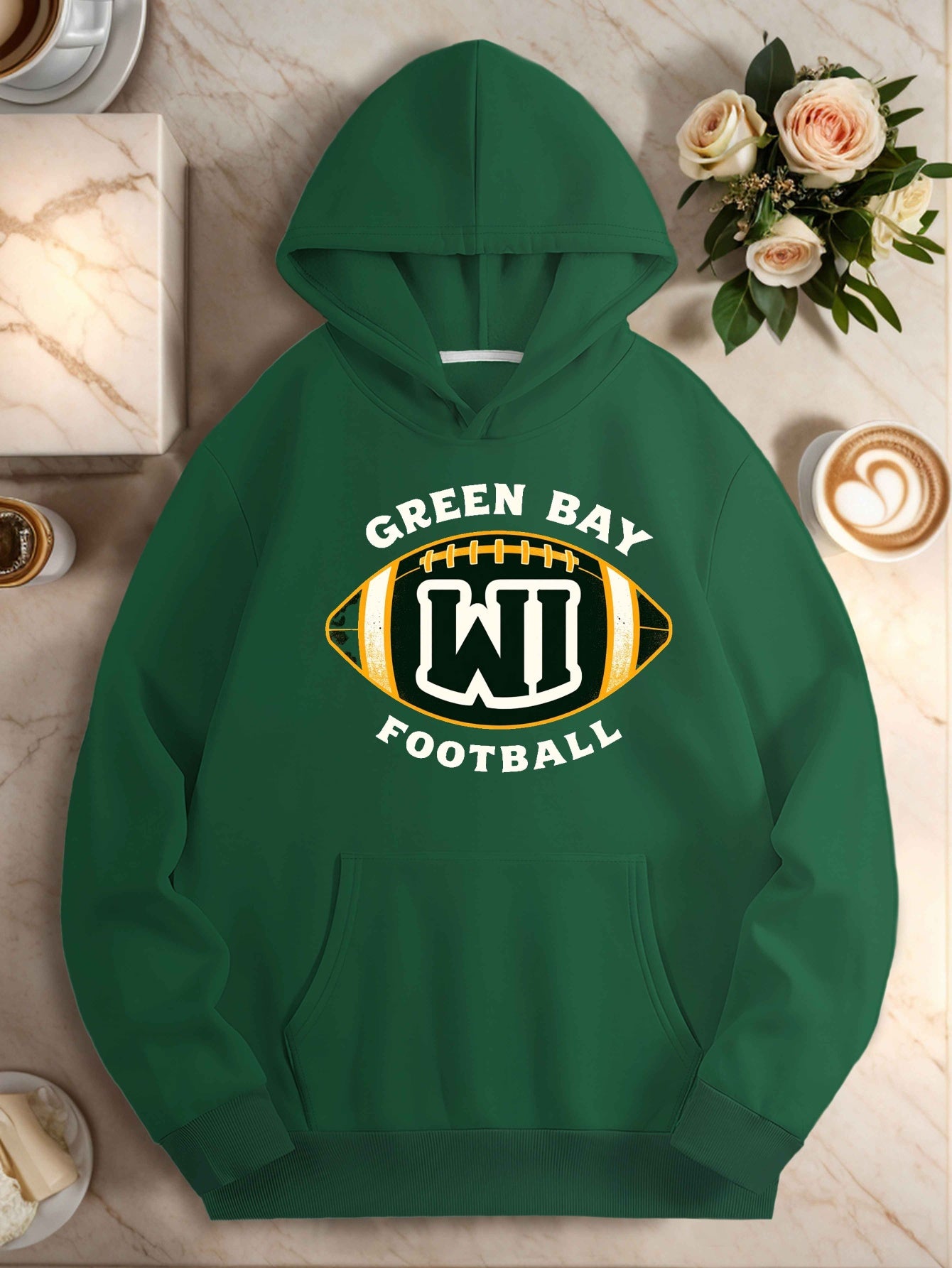 Women's Green Bay Football Hoodie - Casual Polyester Sweatshirt with Pockets, Long Sleeves, Machine Washable, Perfect for Fall/Winter