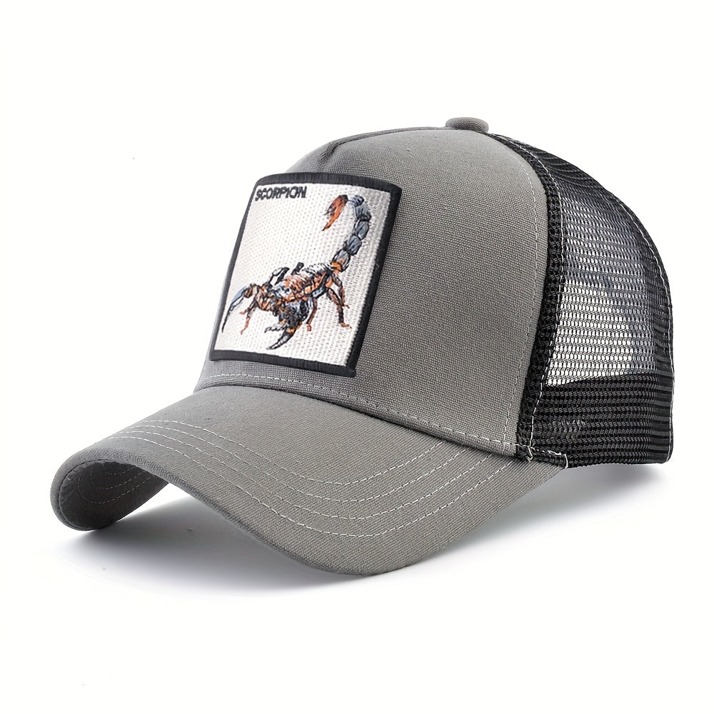 Unisex Embroidered Scorpion Baseball Cap - Breathable Mesh Trucker Hat for Outdoor Sports & Hip-Hop Style, Summer Casual Wear, Black & Beige Design with Bold 