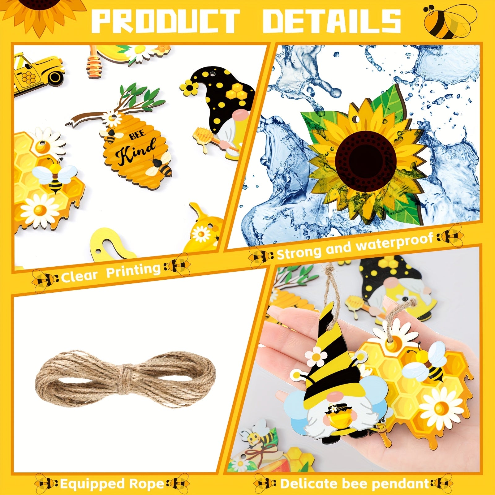 [Bee Wooden Ornaments] 24pcs Wooden Bee Ornaments | Bee Hanging Sign, Bee Gnome, Wood Hanging Decoration for Bee Themed Party