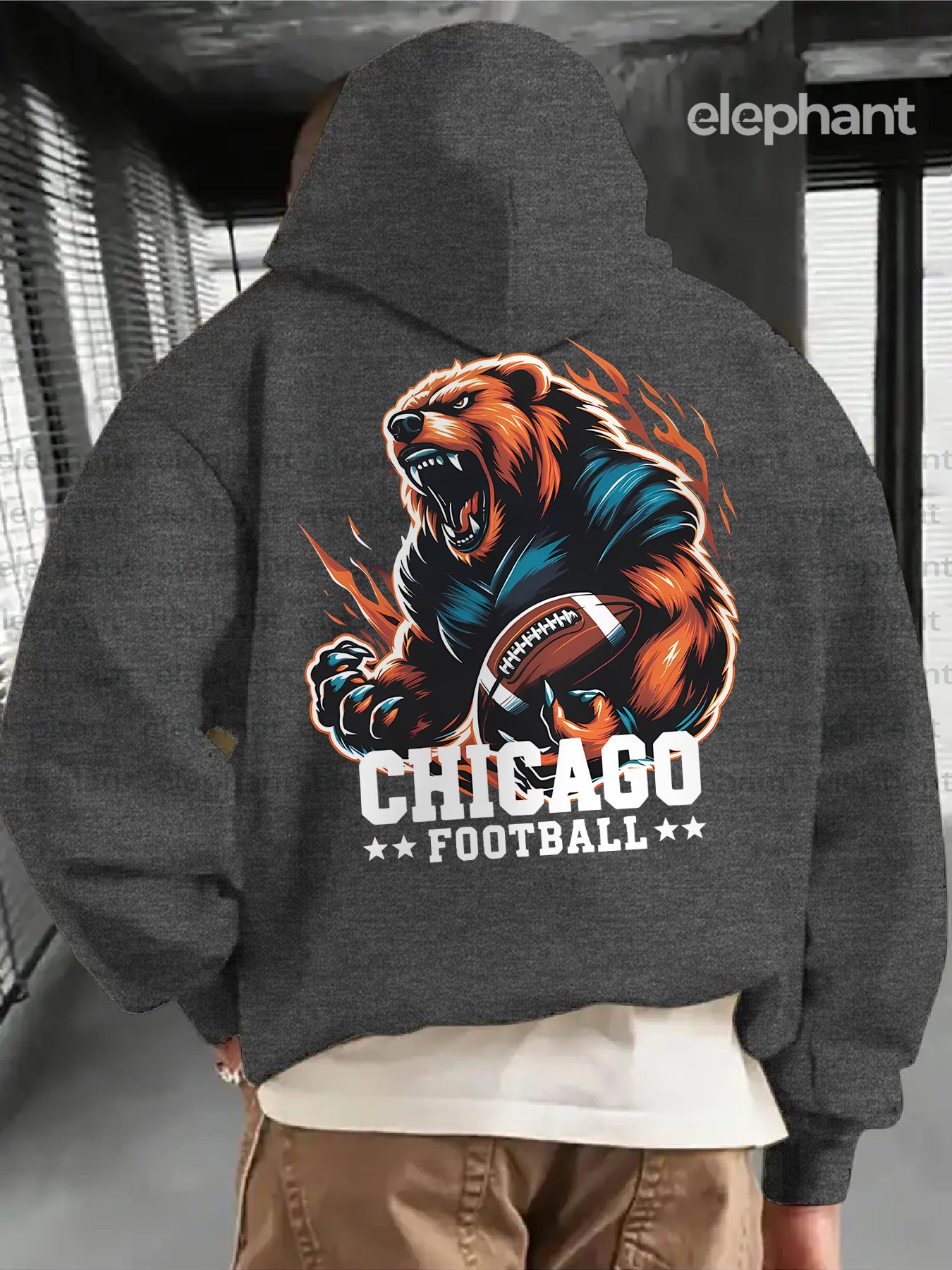 [Casual Graphic Print Hoodie Men] Chicago Football Graphic Print Hoodie for Men - Casual Thickened Sweatshirt with Pocket, Stylish Design, Perfect for Autumn and Winter