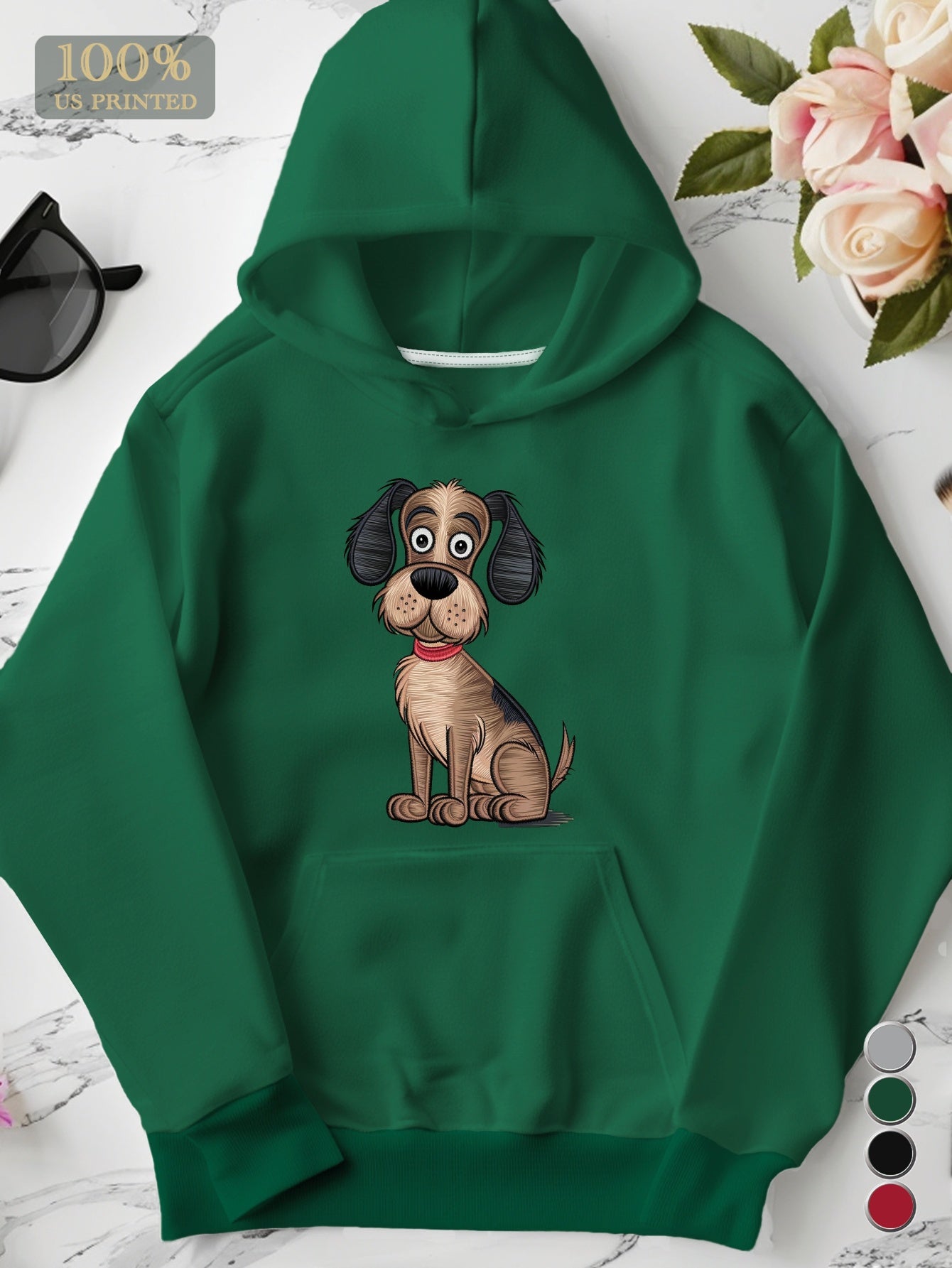 Women's Plus Size Vintage Embroidered Dog Graphic Hoodie - 250g Heavyweight Fleece Pullover with Kangaroo Pocket, Machine Washable Casual Winter Sweatshirt for Fall & Winter
