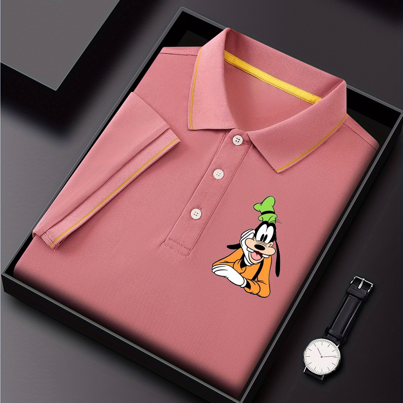 Disney Men's Classic Shirt with Goofy Dog Print - Lightweight Quick-Dry Breathable Polyester, Short Sleeve Collar, Business Casual Style, Summer Comfort, Display Gift Box - Perfect Father's Day Gift for Husband, Casual Comfor