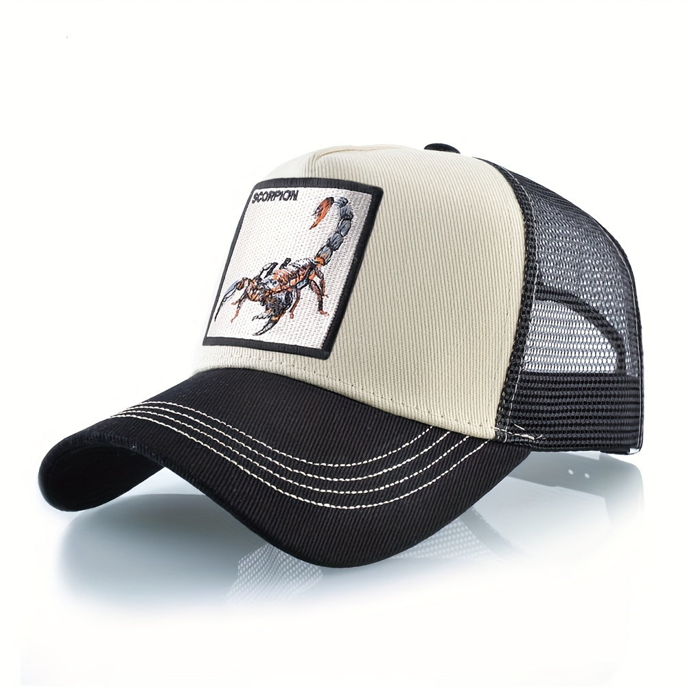 Unisex Embroidered Scorpion Baseball Cap - Breathable Mesh Trucker Hat for Outdoor Sports & Hip-Hop Style, Summer Casual Wear, Black & Beige Design with Bold 