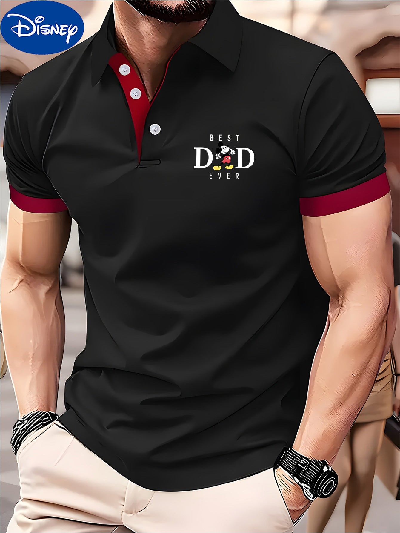 Disney BEST DAD EVER Mickey Theme Print Shirt - Lightweight Quick-Dry Breathable Polyester, Color Blocked Collar & Sleeve Trim, Unisex Golf & Tennis Shirt for Summer, Perfect Father's Day Gift