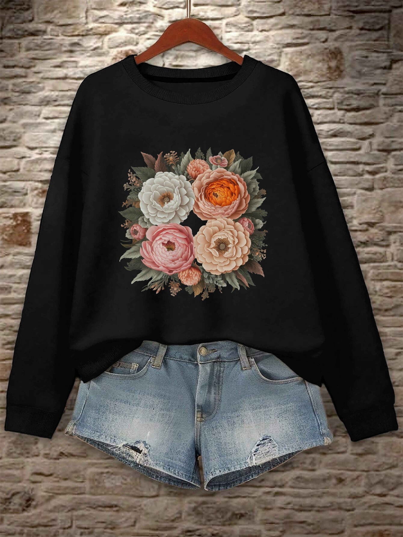 TeeDiy Women's Floral Embroidered Sweatshirt - Casual Long Sleeve, Round Neck, 100% Polyester, Machine Washable - Elegant Black with Pink & Orange Flowers, Perfect for Fall/Winter