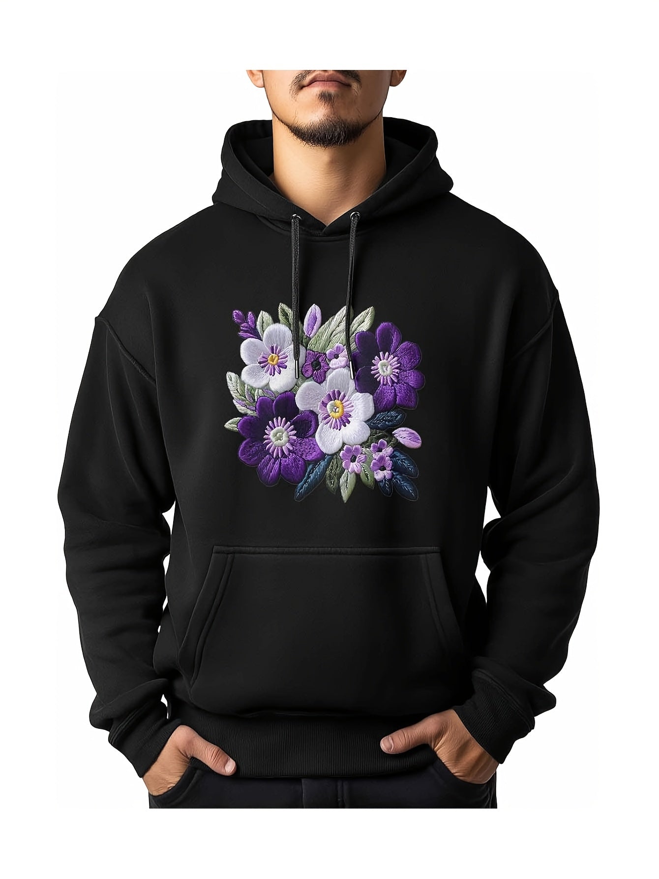 Hoodie for Men, Purple Flower Embroidery Mens Hoodies Pullover Sweatshirts Mens Tops with Pocket, Black