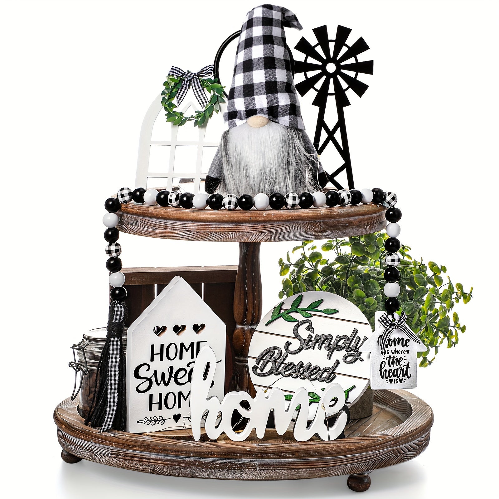 [Rustic Farmhouse Decor] 10 Pcs Black White Buffalo Plaid Farmhouse Decor | Gnome Wooden Mini Sign Rustic Table Ornaments With String Lights For Kitchen Table Decor, Housewarming Gift (Gnome Style)