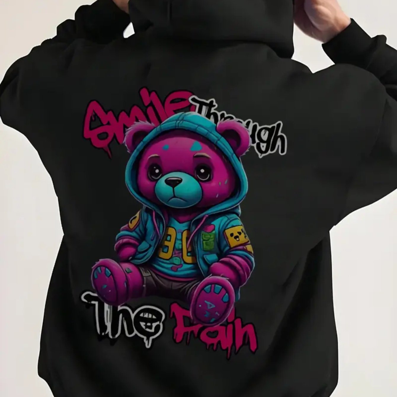 Men's Casual Cotton Blend Hoodie with Adorable Teddy Bear Print - Light Stretch Knit, Long Sleeve, Regular Fit, Machine Washable, Perfect for Fall/Winter Casual Attire
