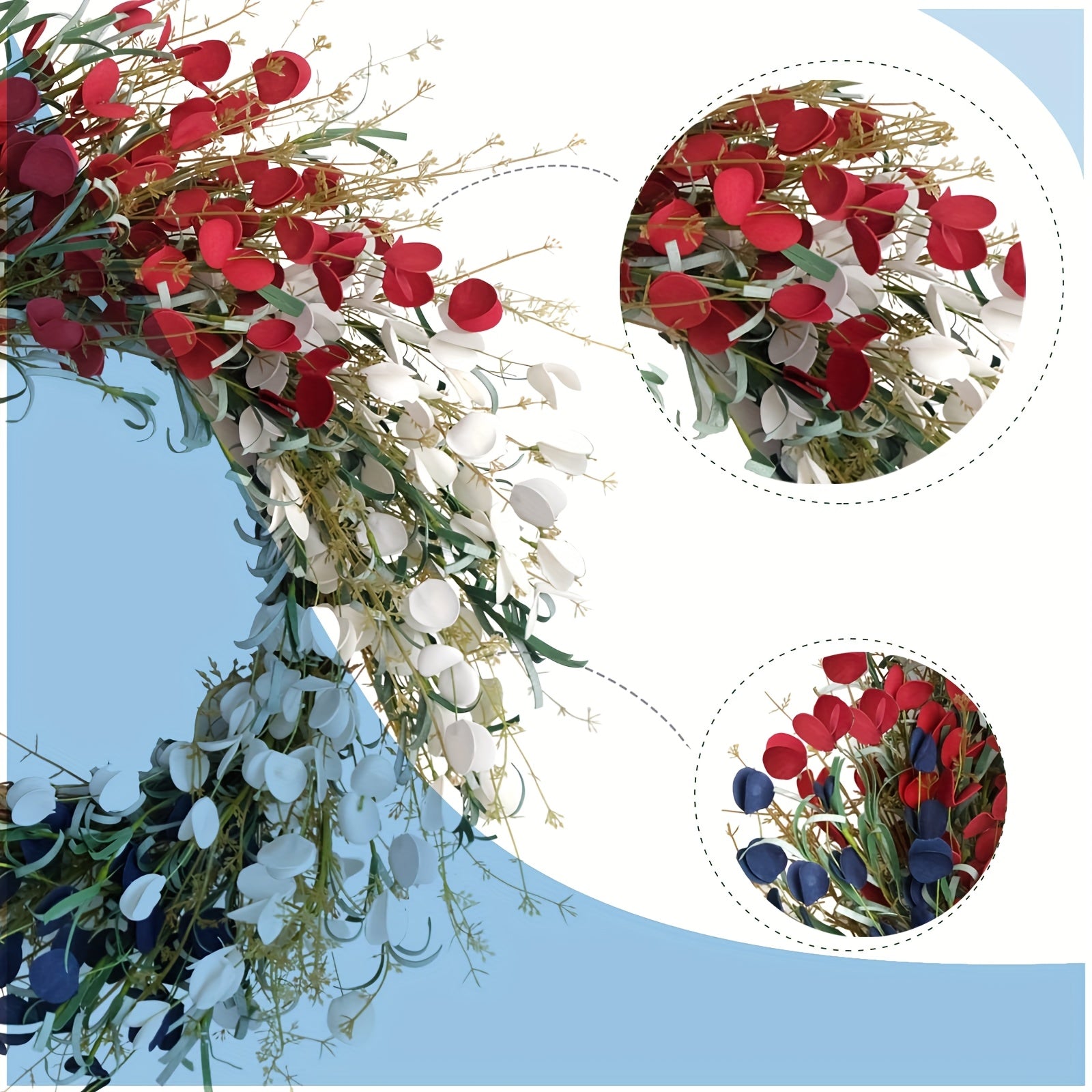 22-inch American Flag Wreath, Patriotic Decor Wreath, Red White And Blue Artificial Floral Stems Wreath. Perfect for 4th Of July Independence Day, Memorial Day, And Flag Day Decorations. This Handcrafted Memorial Day Home Dec