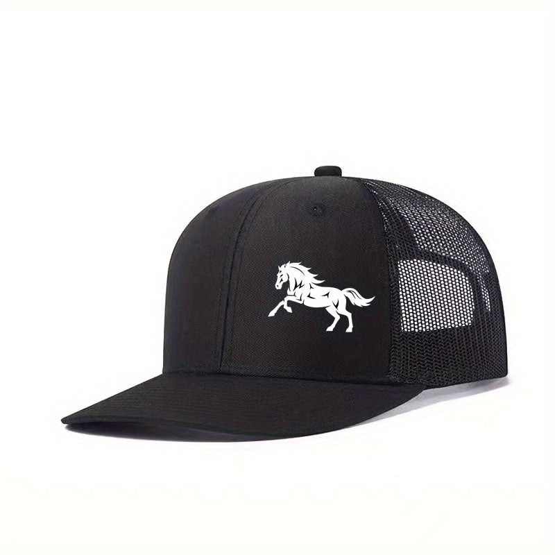 [Adventure] Men's Black Mesh Baseball Cap with Running Horse Design - Breathable Trucker Hat for Outdoor Sports & Casual Wear