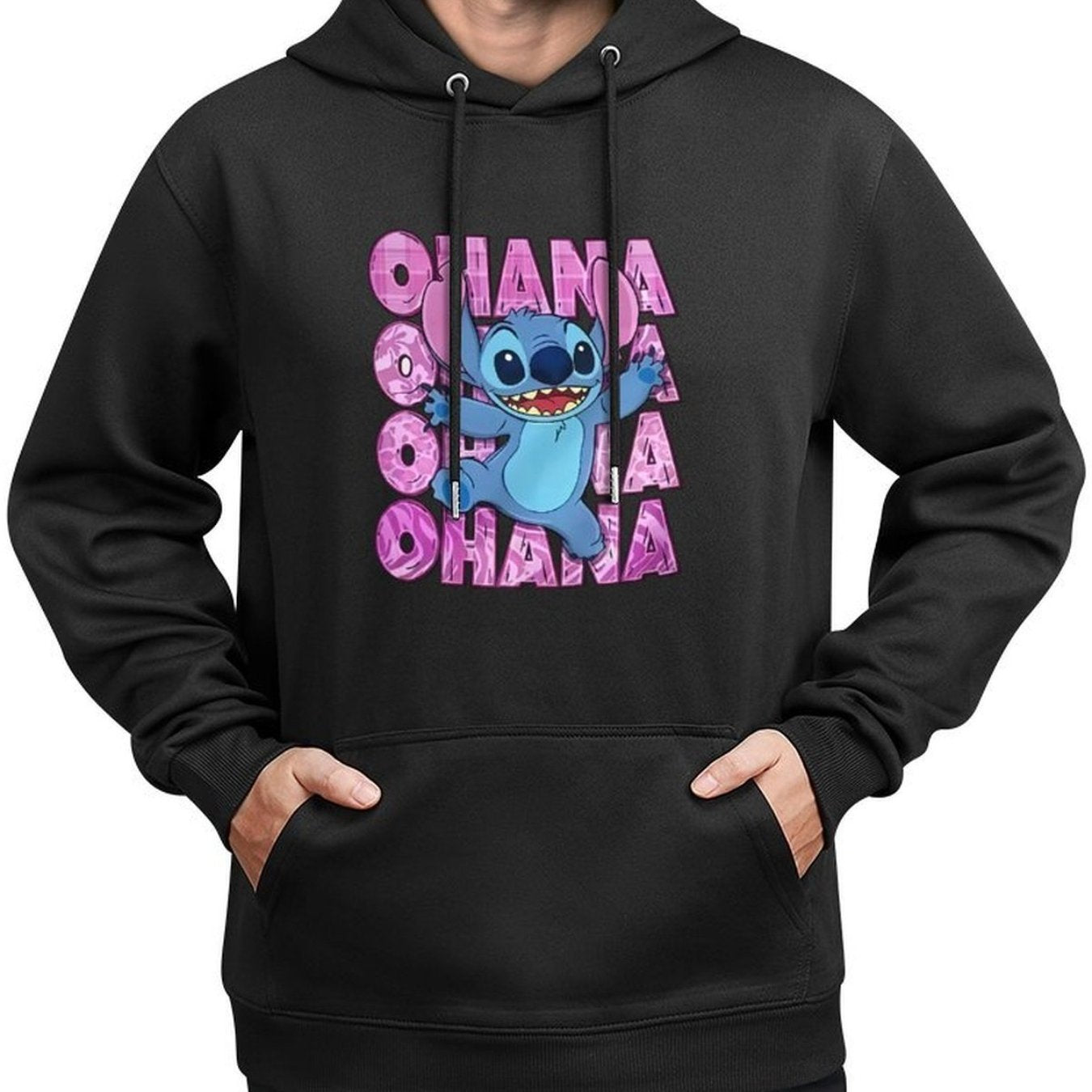 Disney Men'S Black Retro Pullover Hoodie with Stitch Ohana Disney Friends Digital Print, Soft Regular Fit Casual Sweatshirt, Machine Washable, Disney Sweatshirt