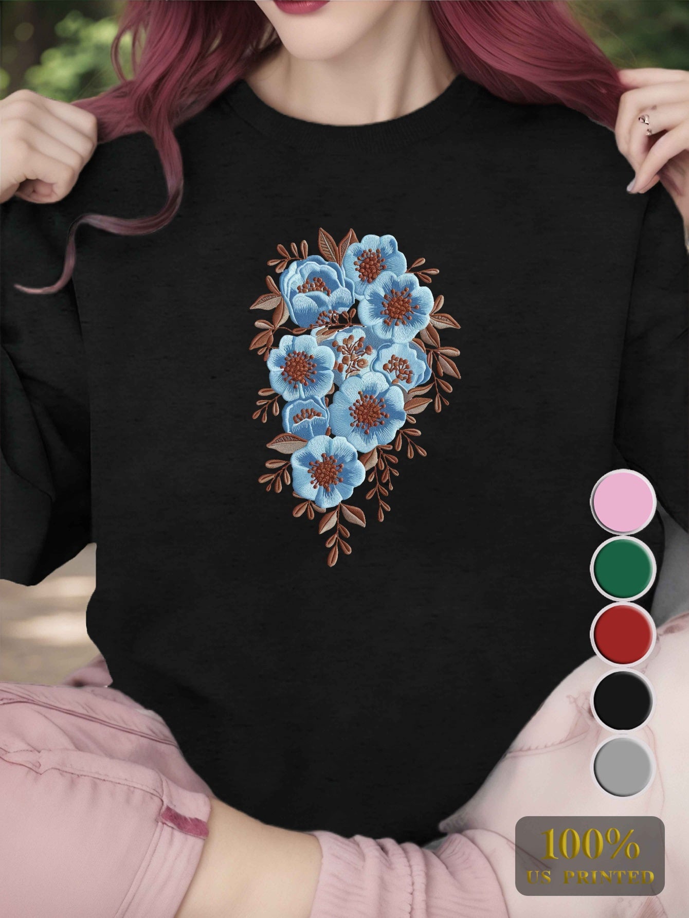 1pc Women'S Casual Floral Embroidery Crew Neck Sweatshirt - Polyester Knit Fabric, Geometric Pattern, Regular Length, Fall/Winter Collection