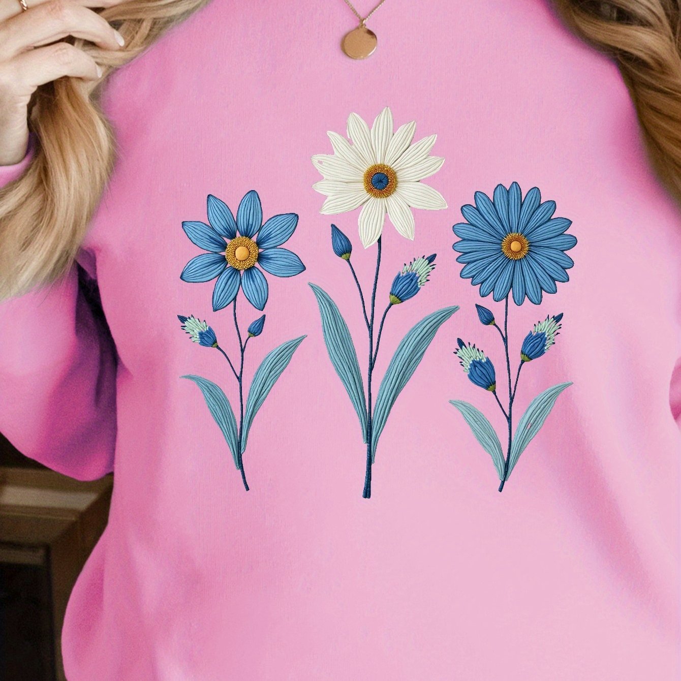 teediy Women's Casual Floral Embroidery Sweatshirt - Blue & White Flowers on Green, Long Sleeve Round Neck, Machine Washable, Autumn Winter Comfort, Winter Clothing, Relaxed Fit, Comfortable Fabric