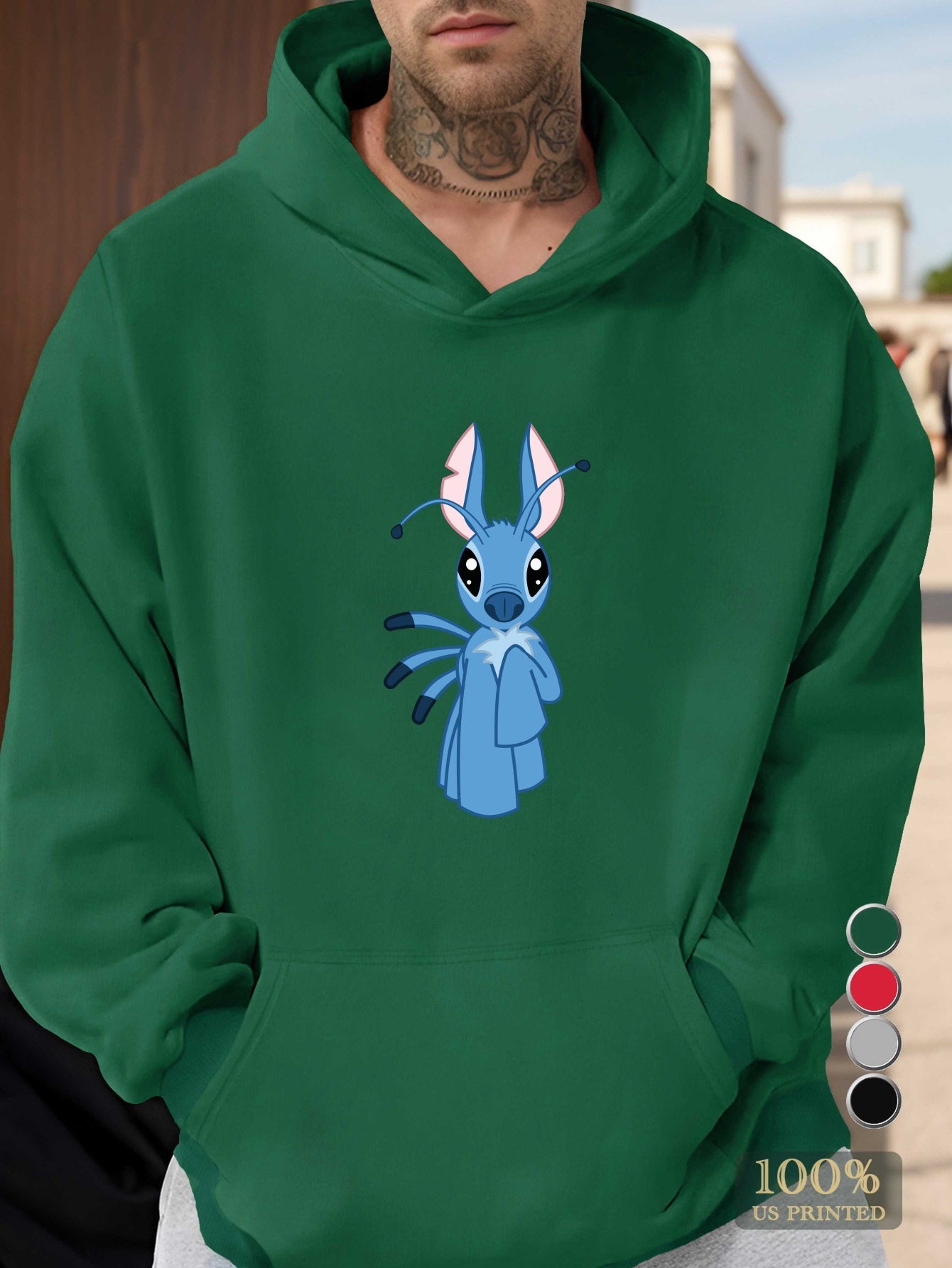Disney Stitch Men's Graphic Hoodie - Vibrant Green Relaxed Fit Pullover with Front Pocket, 100% US Printed Casual Sweatshirt for Autumn/Winter, Autumn Winter Apparel, Autumn Clothing, Streetwear Style, Cozy Fabric, Streetwear