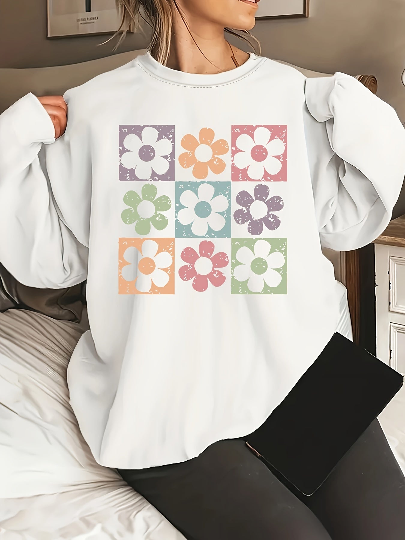 Soft Floral Print Long Sleeve Crew Neck Pullover Sweatshirt For Women, Casual Fashion Basic Sweatshirt