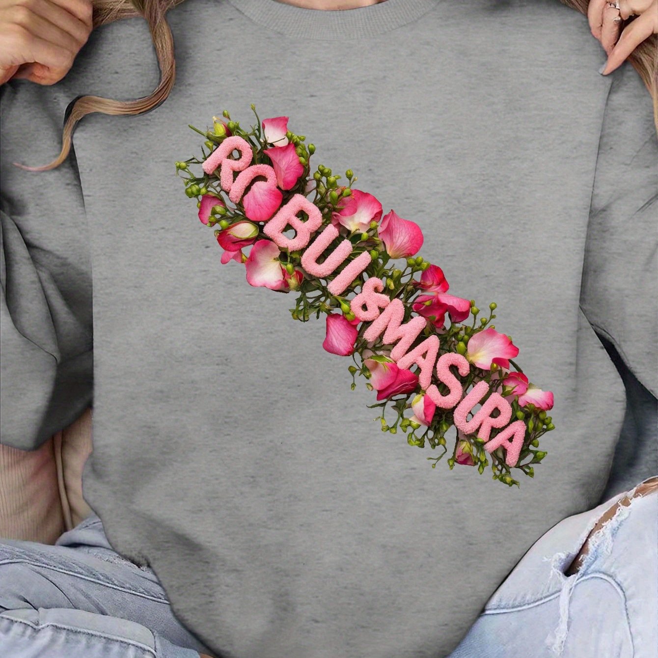 RobiulMasura Elegant Floral Embroidered Women's Sweatshirt - Cozy Polyester, Round Neck, Machine Washable - Perfect for Fall/Winter