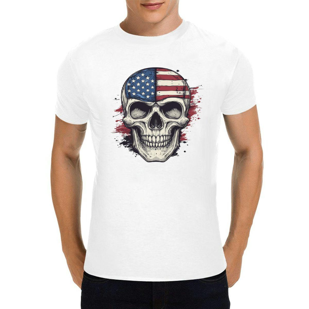 1pc Patriotic Skull Print T-Shirt, Polyester, Round Neck, Short Sleeve, Vintage American Flag Design, Unisex Casual Wear for All Seasons