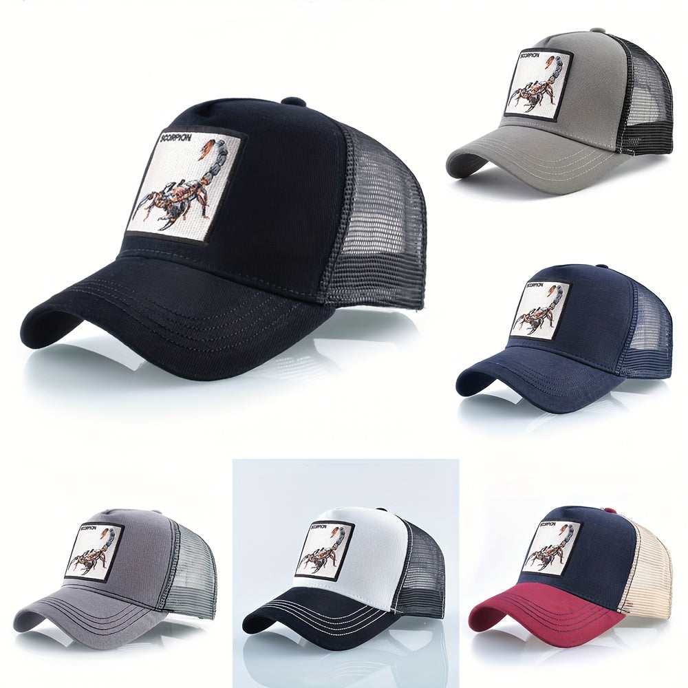 Unisex Embroidered Scorpion Baseball Cap - Breathable Mesh Trucker Hat for Outdoor Sports & Hip-Hop Style, Summer Casual Wear, Black & Beige Design with Bold 