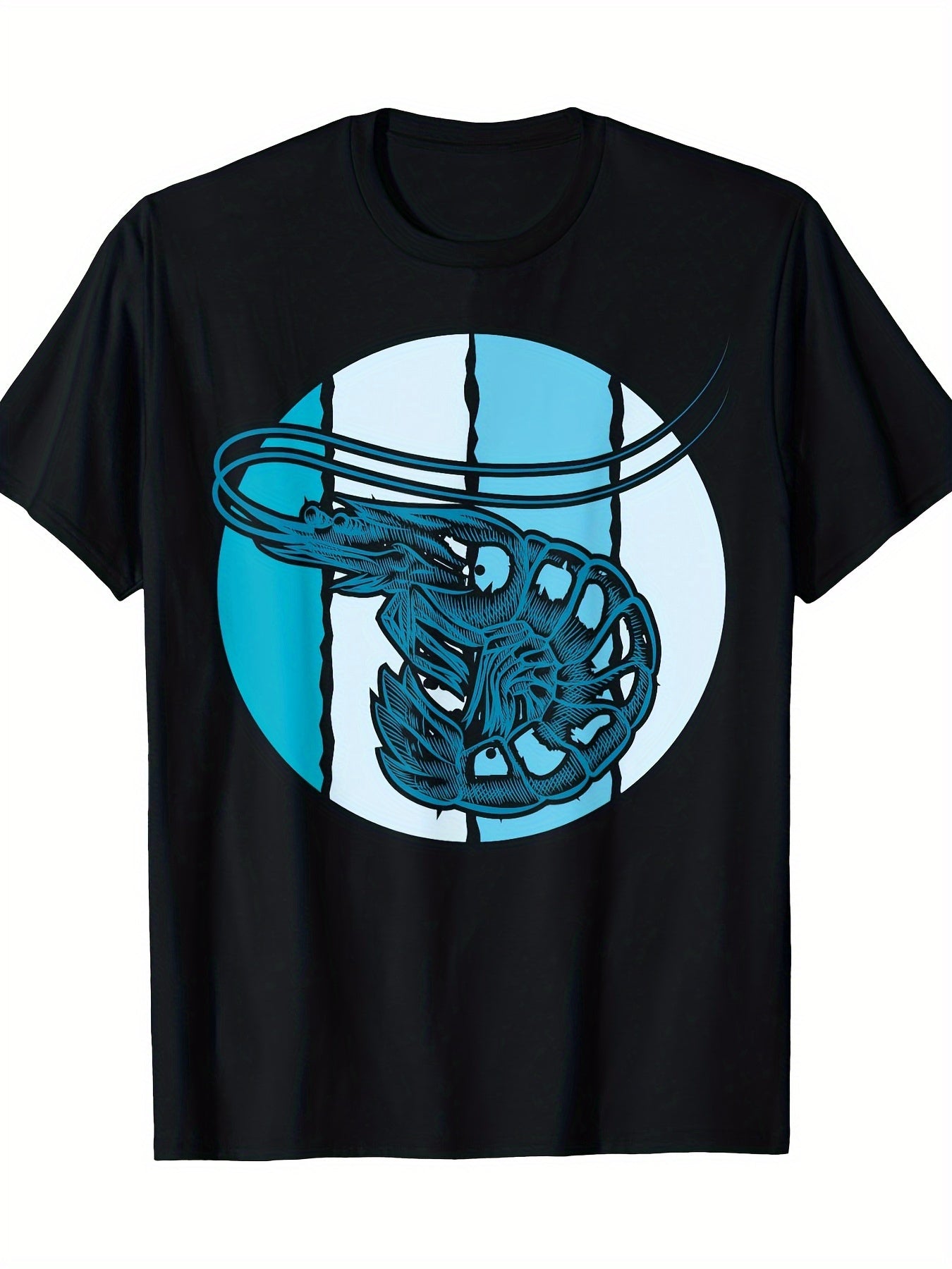Men's Vintage Shrimp Seafood Lover Graphic T-Shirt - 100% Cotton Casual Round Neck Tee with Blue Circular Shrimp Print, Machine Washable & Dry Clean, All-Season Comfort Fit, Easy Care Clothing, Geometric Pattern Shirt, Microe