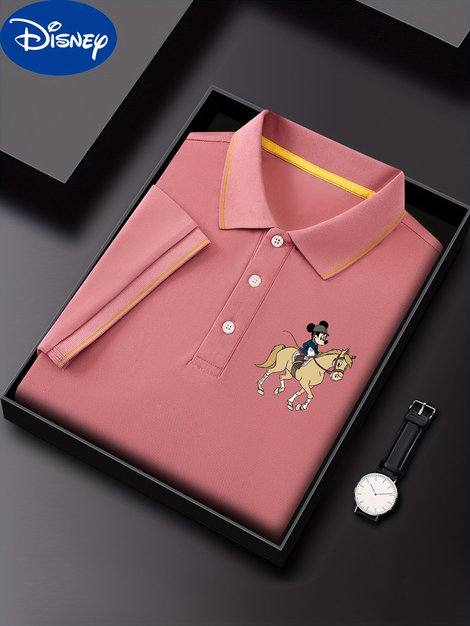 Disney Mickey Ride Printed Men'S Summer Classic POLO Shirt, Advanced Business Casual, Contrasting Collar Design, Light, Breathable And Quick-Drying Polyester [Official License]