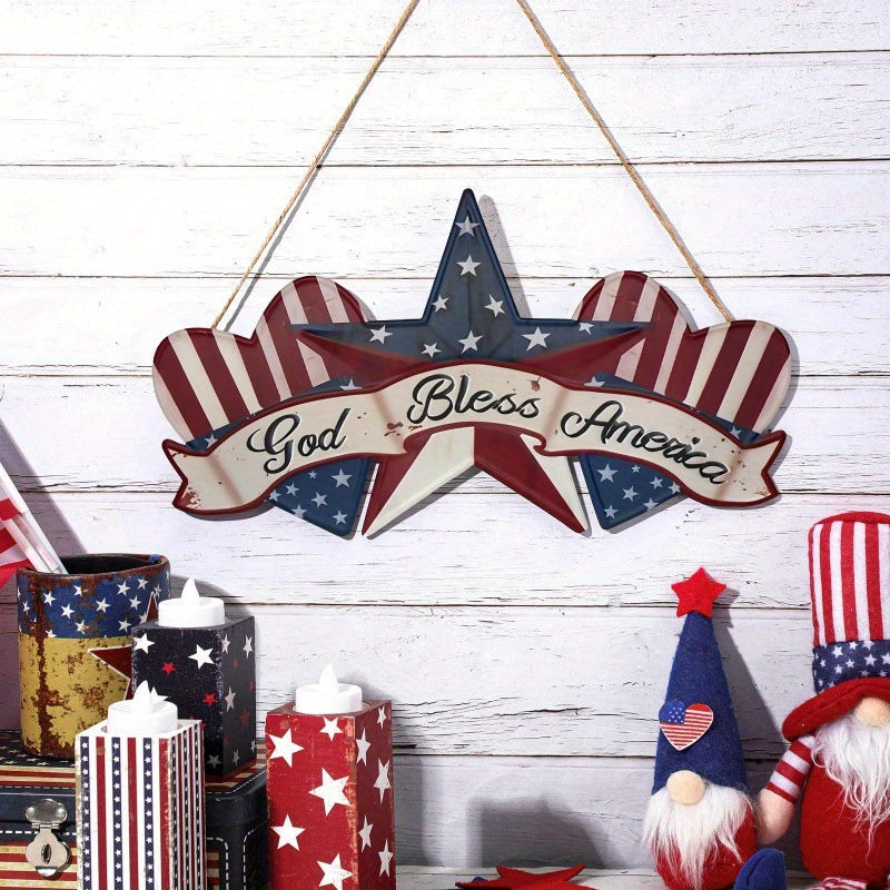 [Patriotic Wall Hangings] Patriotic 2D Flat Rustic Wooden 'God Bless America' Wall Hangings 11.81x6.49in | 4th of July Star and Heart Pendant with Rope, Farmhouse Style Holiday Decoration for Home Porch or Garden, Memorial Da
