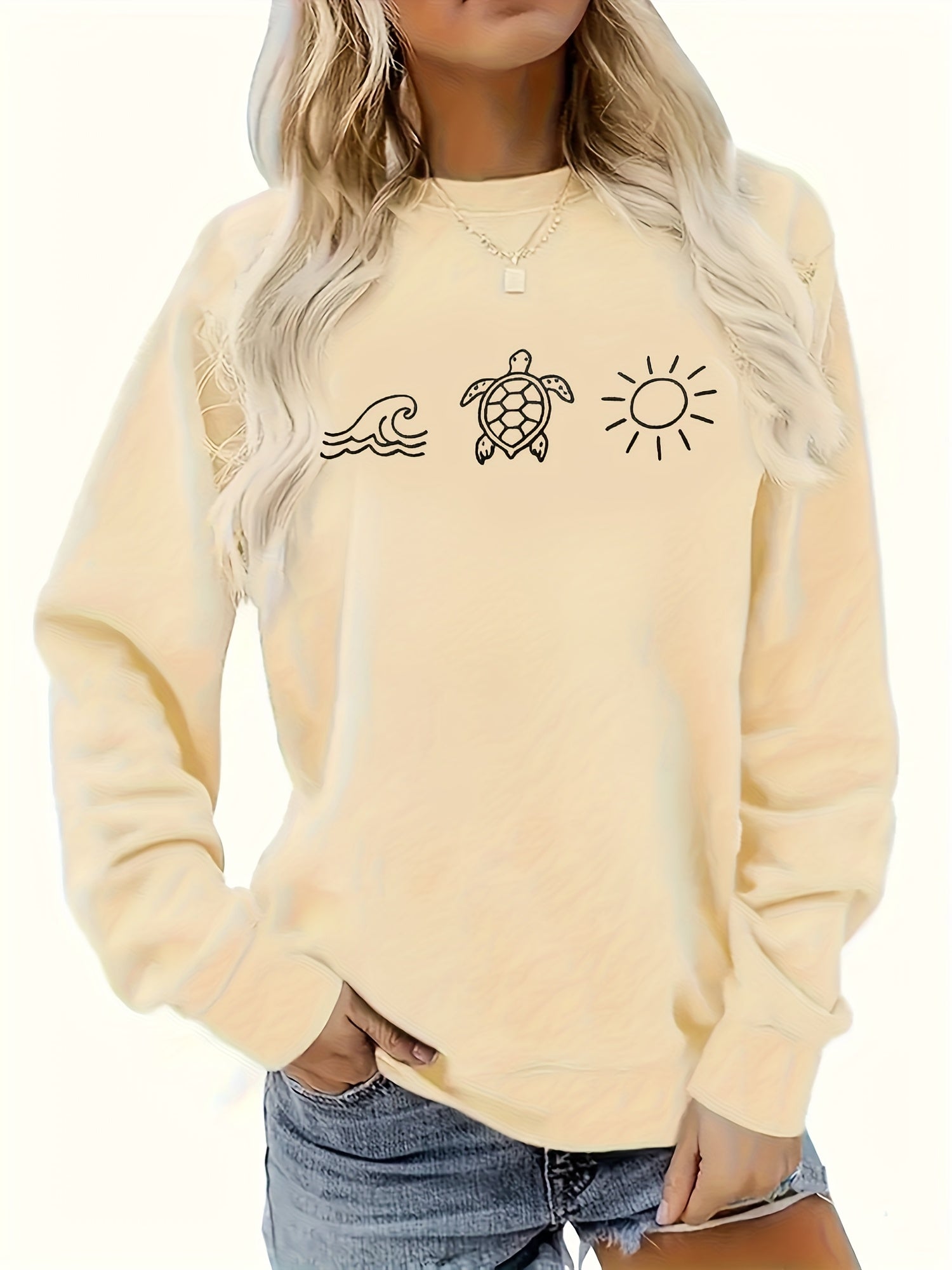 Women's Casual Long Sleeve Sweatshirt - Embroidered Ocean Turtle & Sun Design, Light Yellow Beach Lover Shirt, Machine Washable Round Neck Pullover for All-Season Comfort, Sea Turtle Decor, Summer Apparel, Relaxed Fit, Comfor