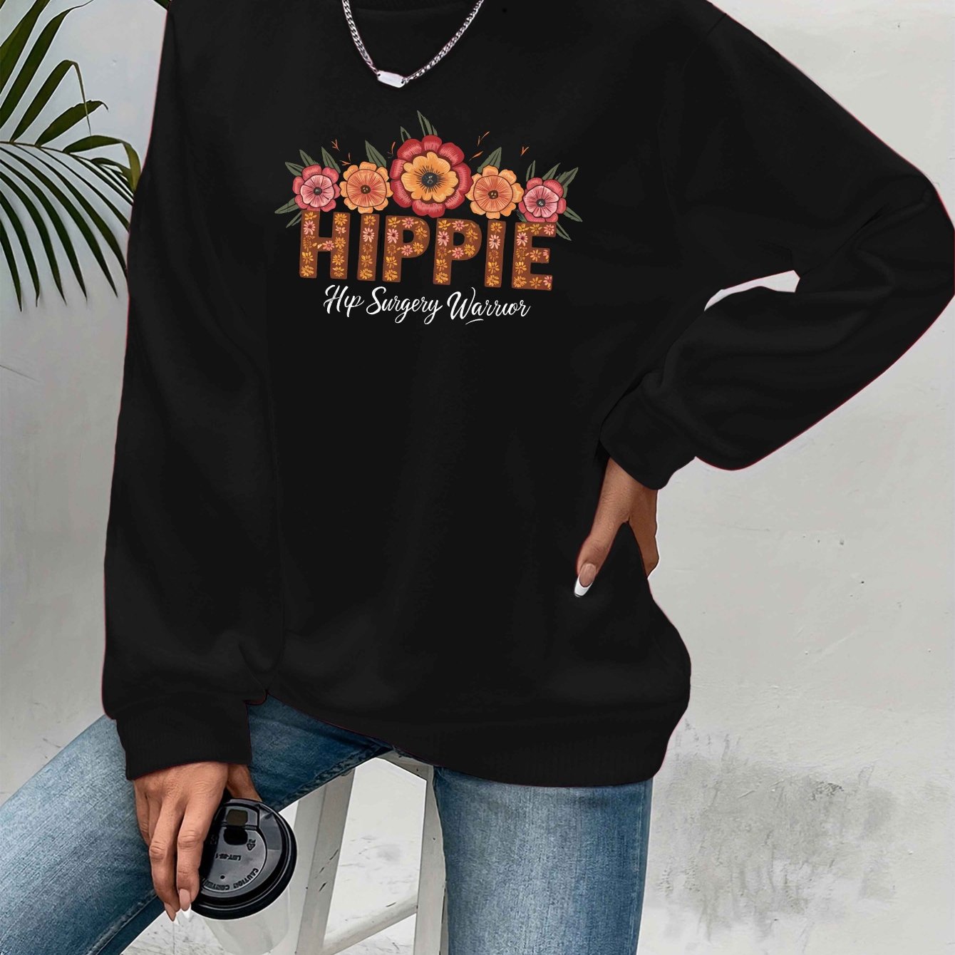 [Relaxed Style] Women's Hippie Warrior Sweatshirt - Cozy Gray Long Sleeve Crewneck with Colorful Floral and Geometric Embroidery, Casual Fall/Winter Polyester Pullover, Clothing Top | Floral Top | Glossy Fabric, Hippie Clothe
