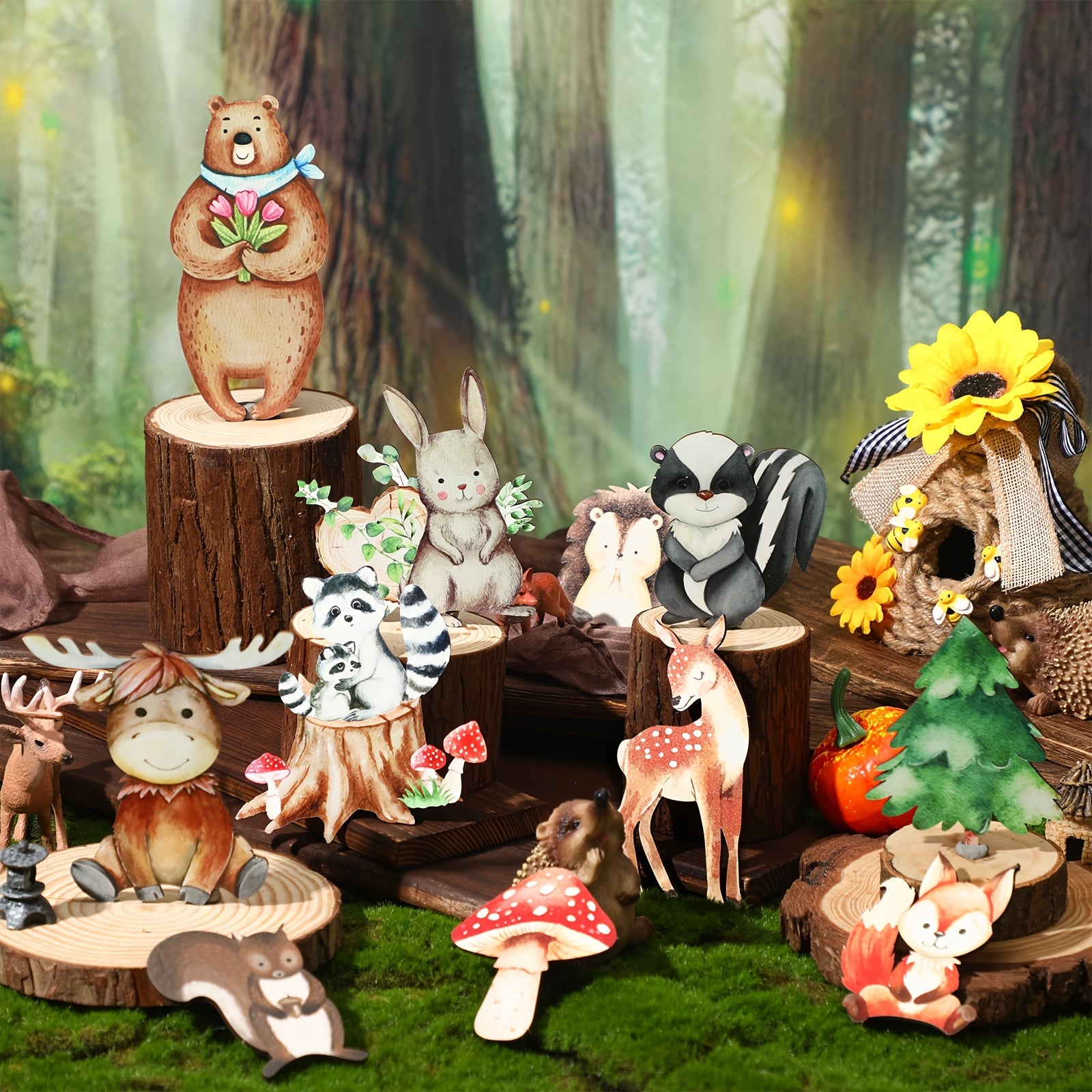 Wooden Animal Cutout Shapes Forest Painted Woodland Decorations Animals Wood Table Centerpieces Woodland Creature Decor for Craft Party Supplies Birthday Favors Cake Decor