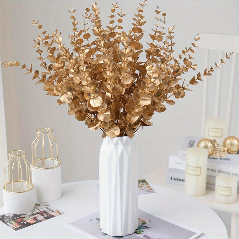 Eucalyptus Stems Artificial Eucalyptus Leaves Decor Eucalyptus Branches Fake Eucalyptus with Fake Leaves 15.35 inch Faux Eucalyptus Stem for Vase Wedding Bouquet Home (Silvery, Golden)