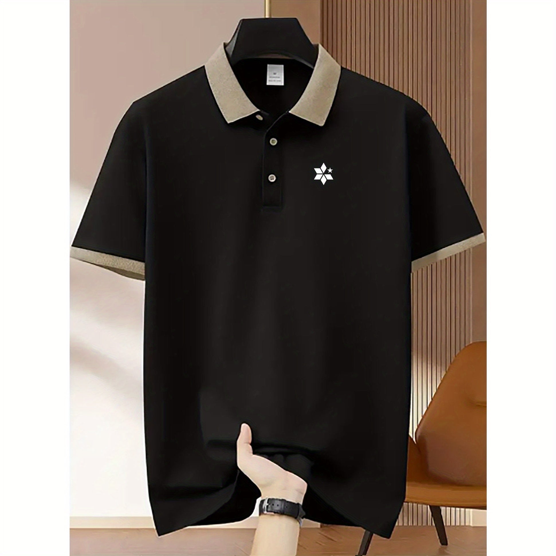Men's Breathable Stretch Shirt - Summer Short Sleeve Button- Collar with Geometric Print, Black & Beige Contrast Trim, Regular Fit for Golf, Tennis, Business Casual & Outdoor Activities, Golf Shirt, Active Lifestyle, Modern D